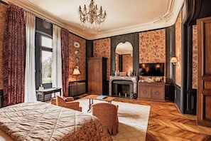 Ruime slaapkamer met een groot bed, een open haard, een televisie en uitzicht op de omgeving.