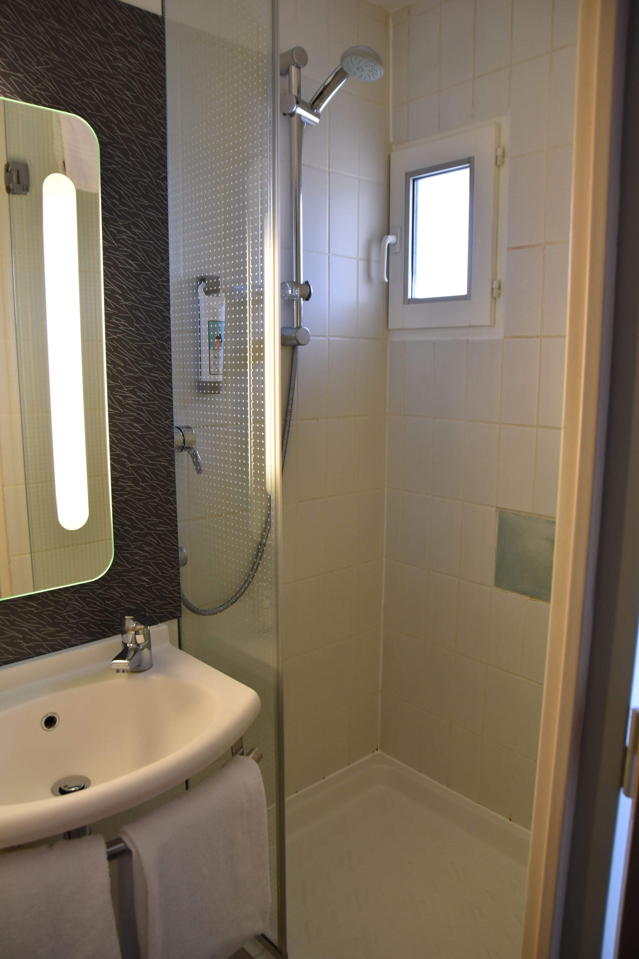 Une salle de bain avec une douche, un lavabo et un miroir.
