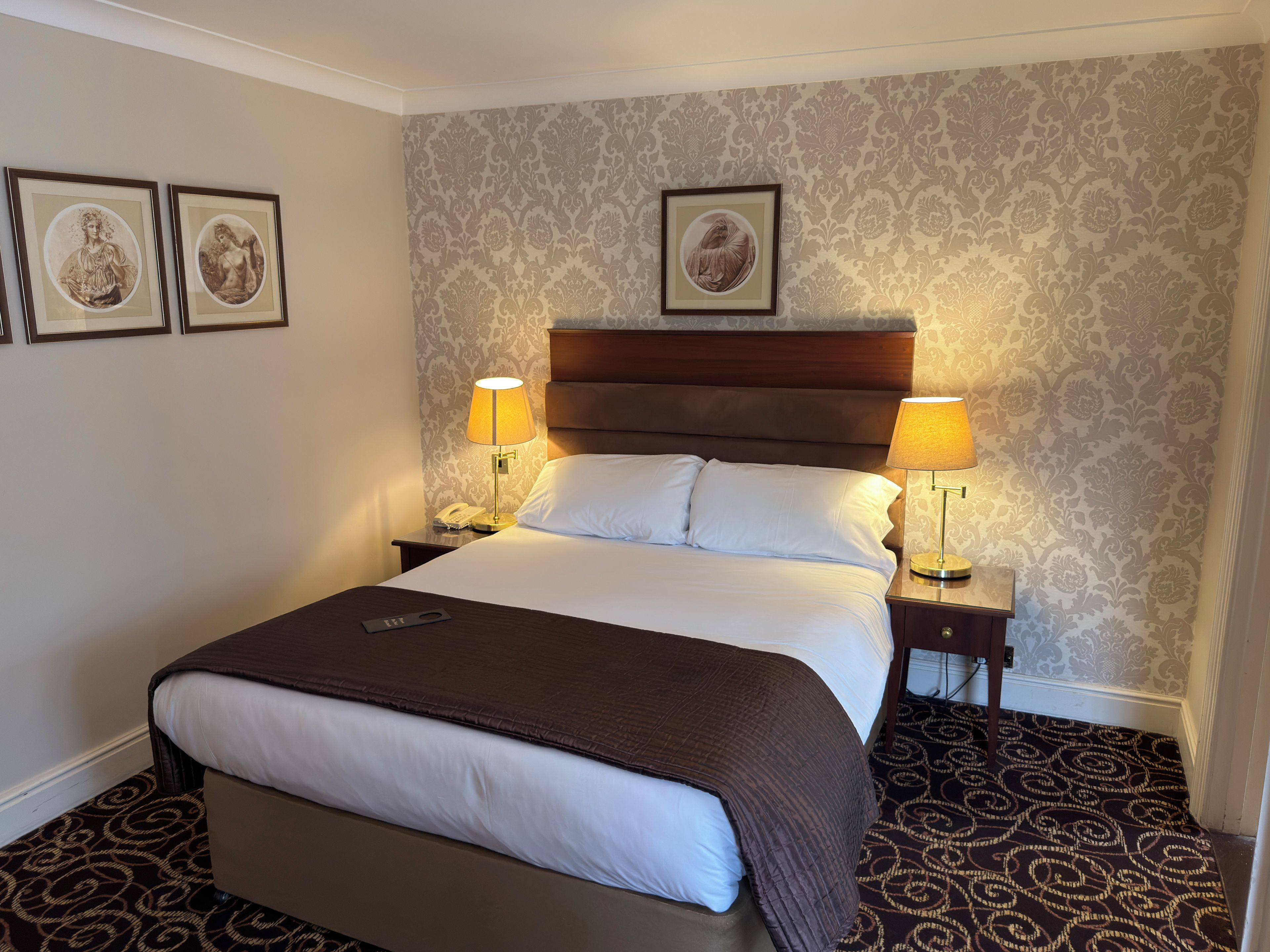 A hotel room with a large bed, two bedside lamps, a telephone, and a framed picture on the wall.