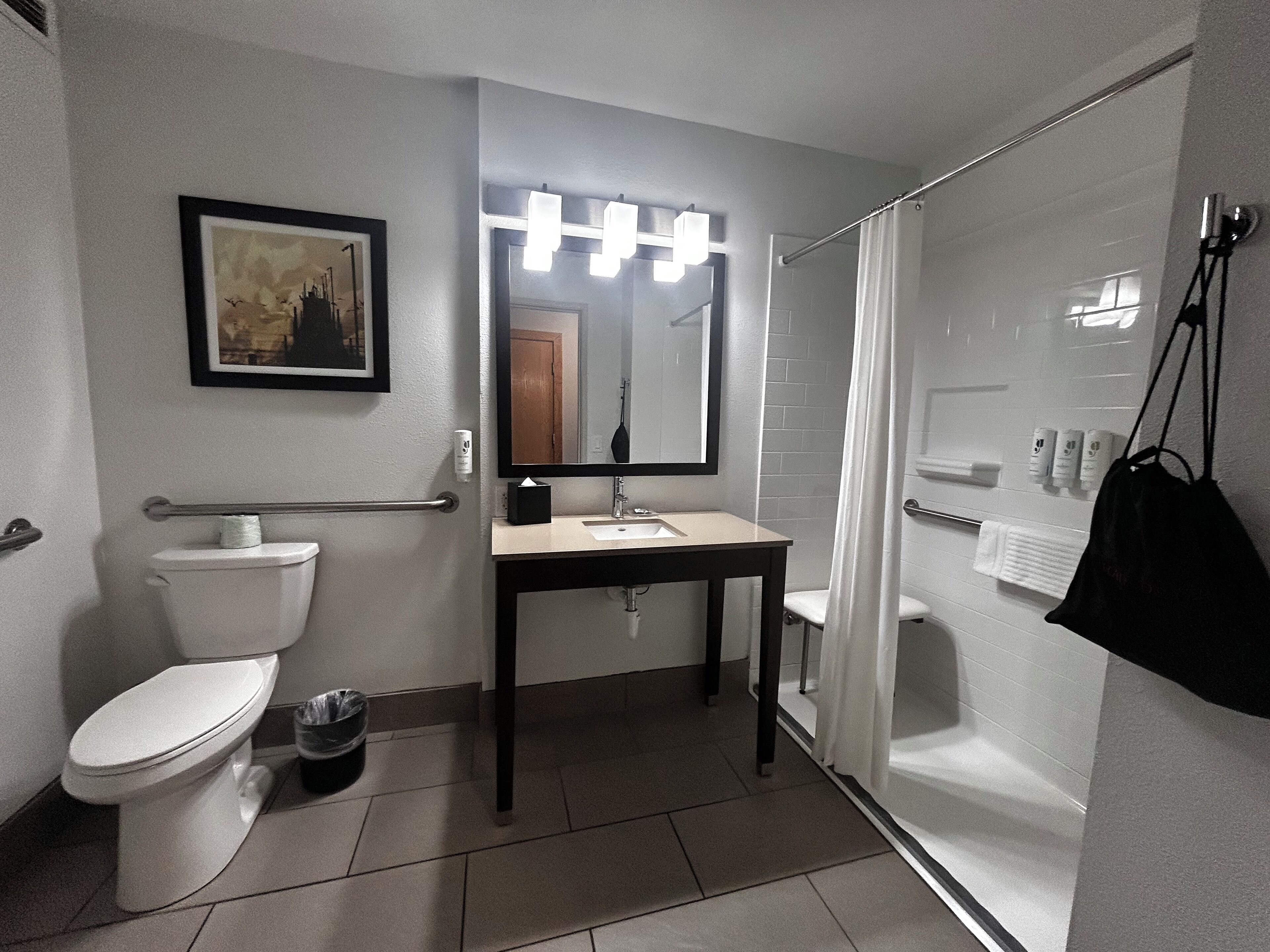 A bathroom with a toilet, sink, mirror, and shower.