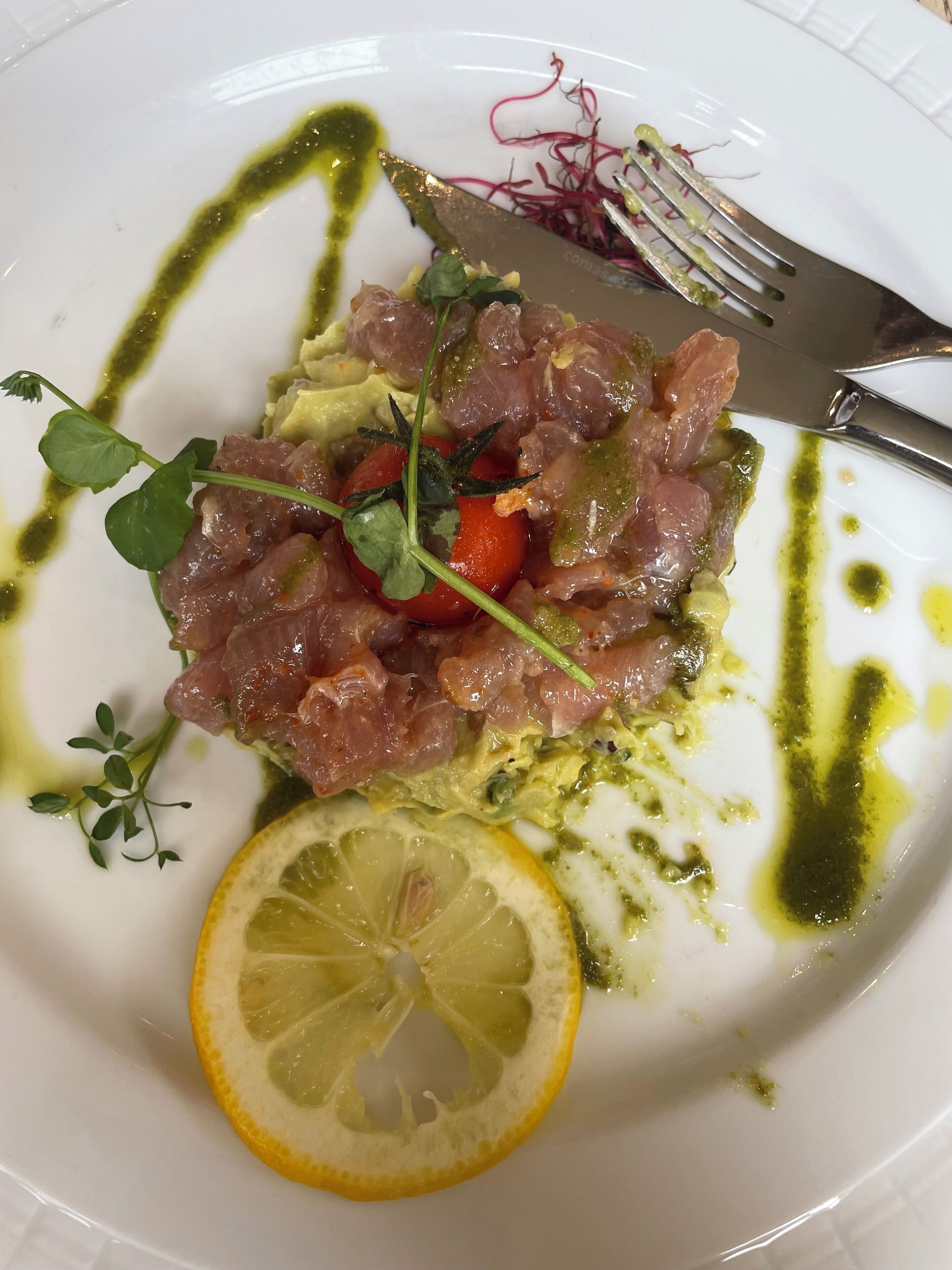 A plate with a dish of raw fish, garnished with herbs and a slice of lemon.