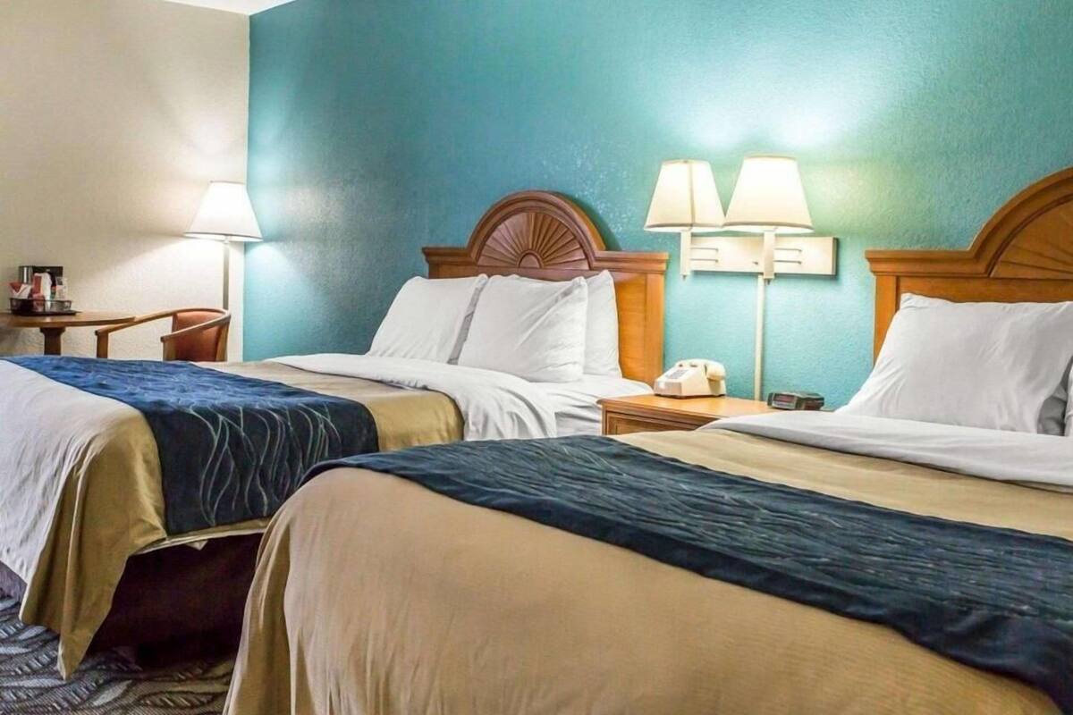 Quarto de hotel com duas camas, uma mesinha de cabeceira com abajur e uma pequena mesa com uma cadeira.