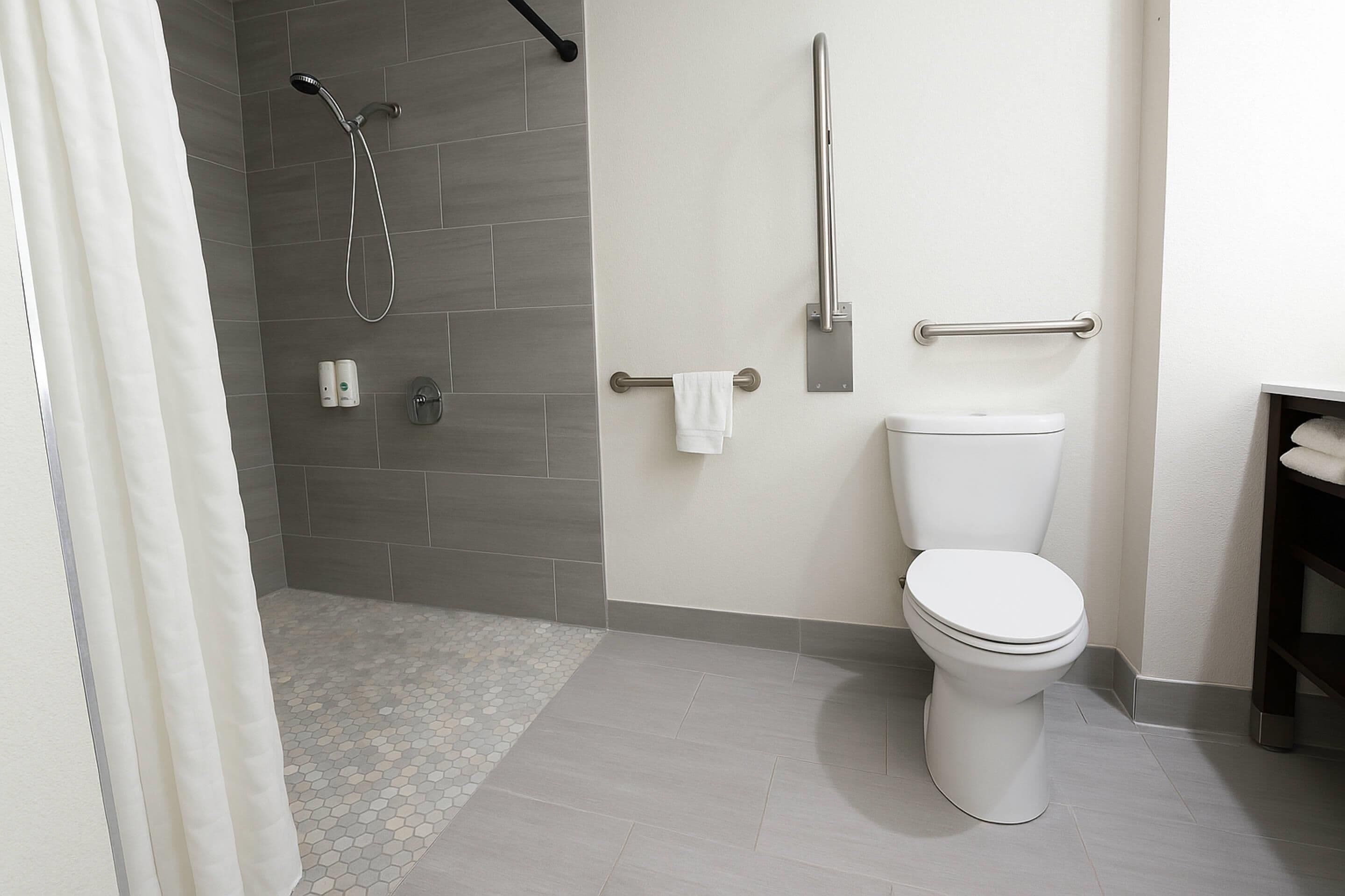Une salle de bain moderne équipée d’une douche, de toilettes et de barres d’appui.