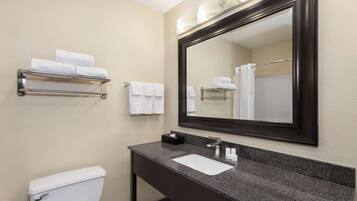Combined shower/tub, free toiletries, hair dryer, towels