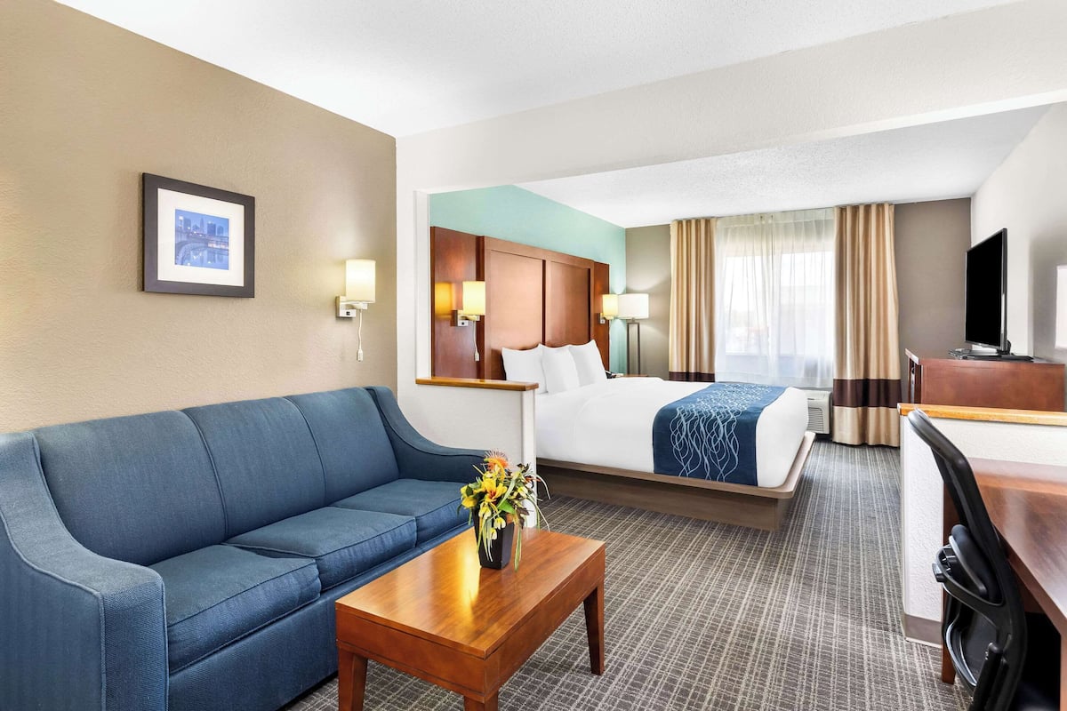 A hotel room with a blue sofa, a wooden coffee table with a flower vase, a bed with a blue blanket, a desk with a television, and a framed picture on the wall.