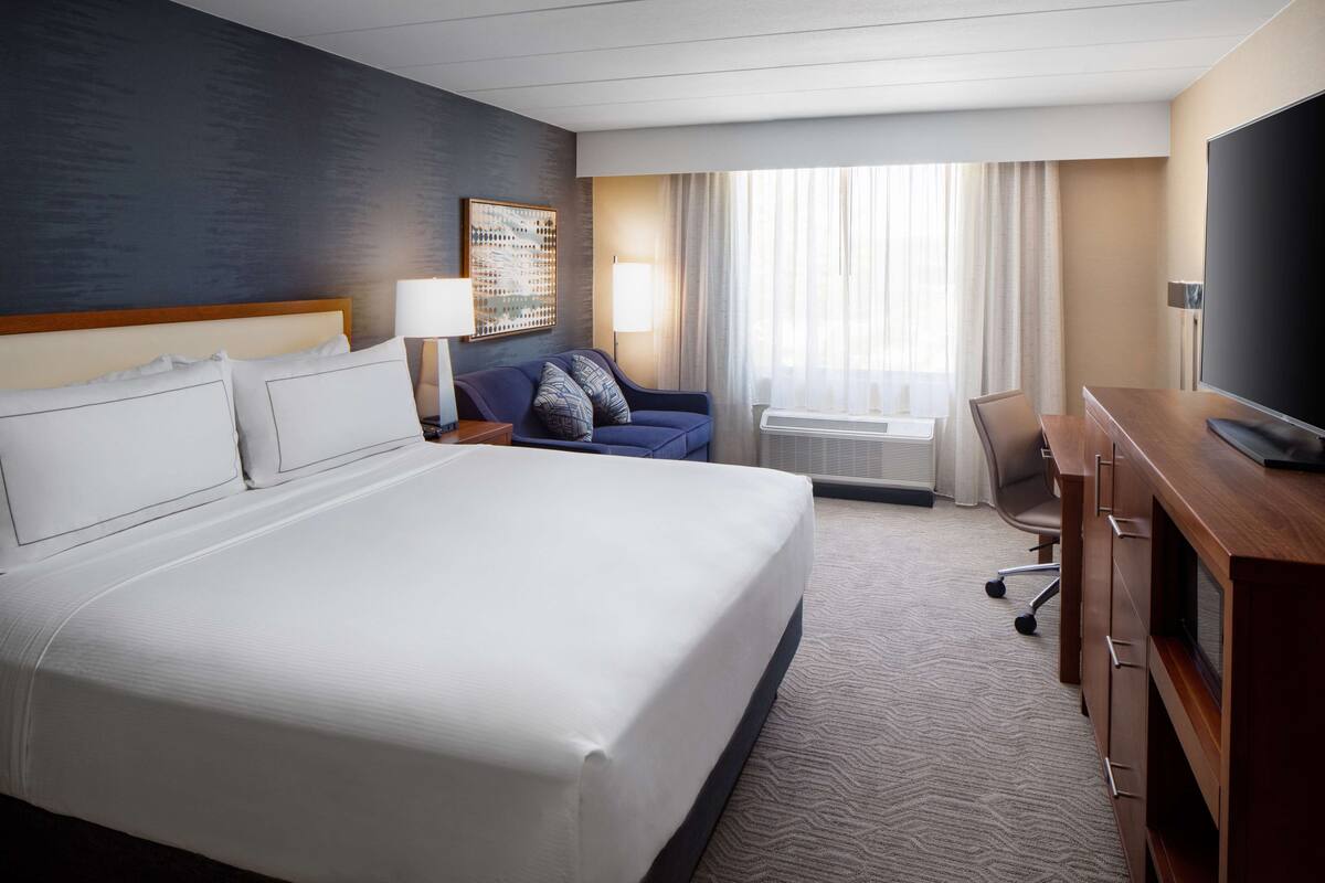 Une chambre d’hôtel avec un grand lit, un canapé, un bureau et une télévision.