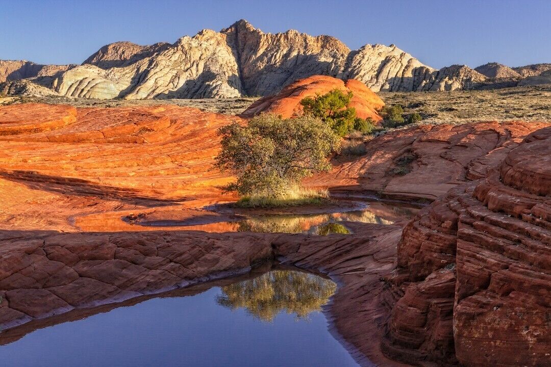 A desert landscape with a clear water body reflecting the surrounding rock formations and a mountain range in the background.