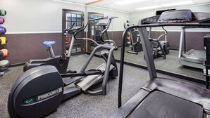 Une salle de sport équipée de tapis de course, de vélos elliptiques et de différents ballons d’exercice.