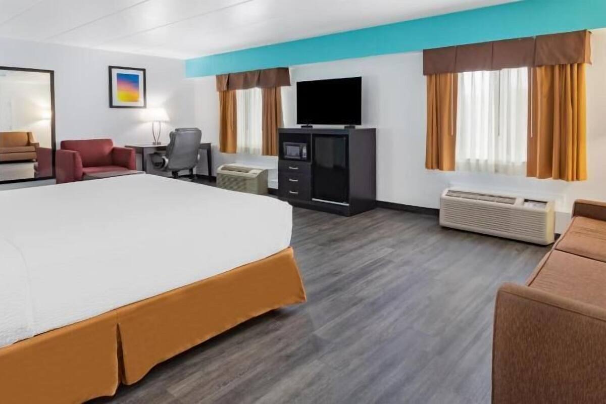 A hotel room with a large bed, a desk, a chair, a TV, and a heater.