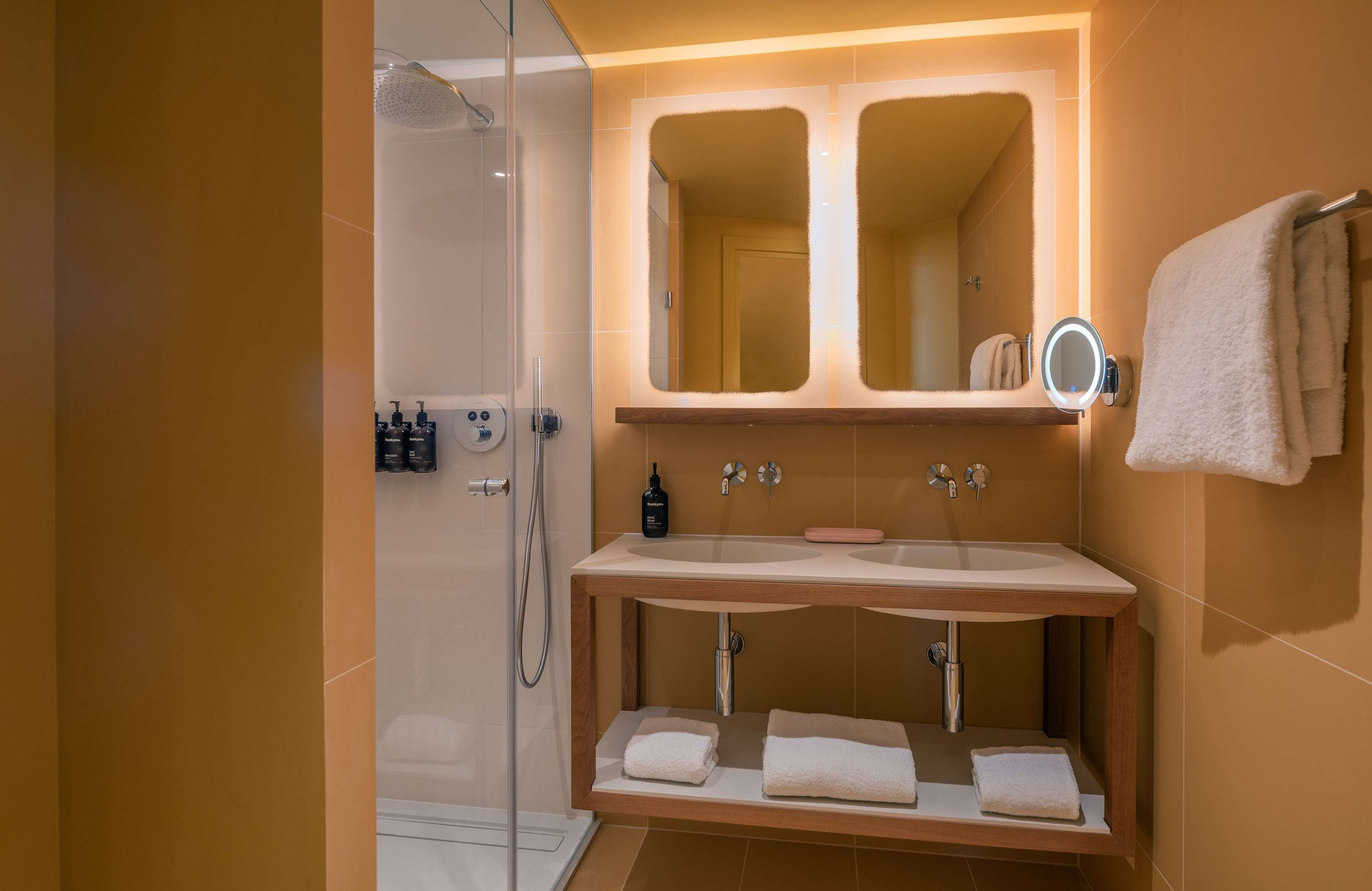 Une salle de bain avec une douche à parois de verre, un meuble-lavabo avec un miroir et des serviettes posées sur le lavabo.