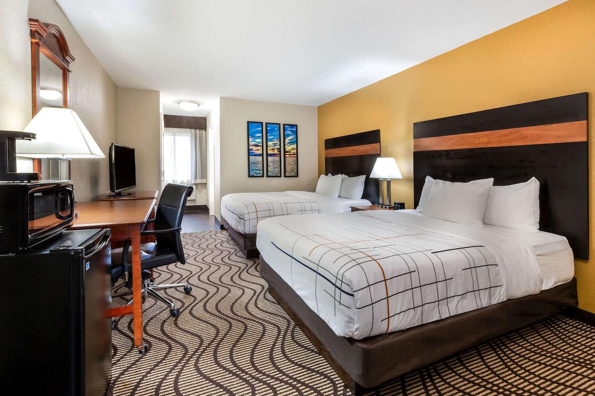 Una habitación de hotel con dos camas, un escritorio con computadora, televisión y alfombra estampada.