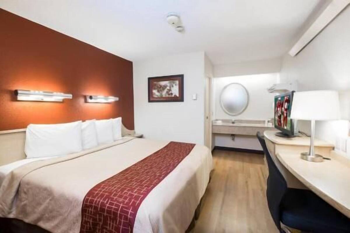 A hotel room with a bed, a desk, a chair, a mirror, and a television.
