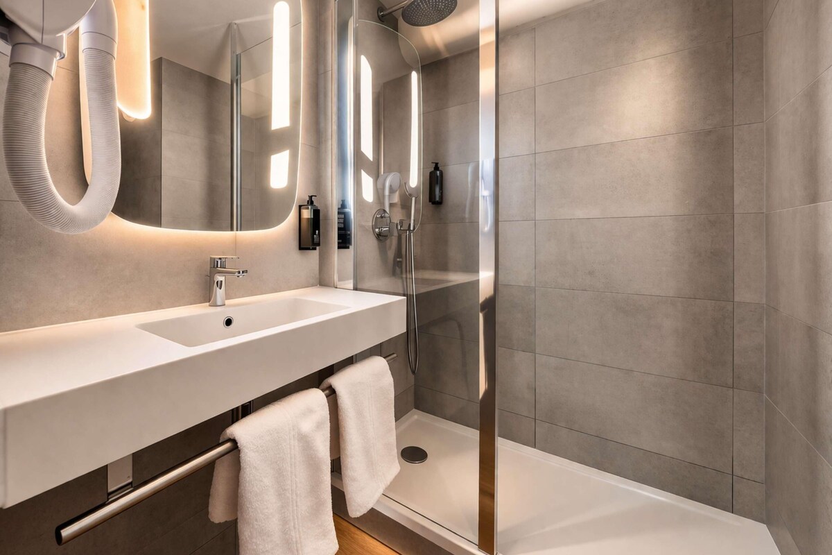 A modern bathroom with a large mirror, dual sinks, a glass shower enclosure, and a towel rack.