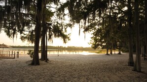 A beach with sand, trees, and a body of water. - The Cabins at Disney's Fort Wilderness Resort (Lake Buena Vista)
