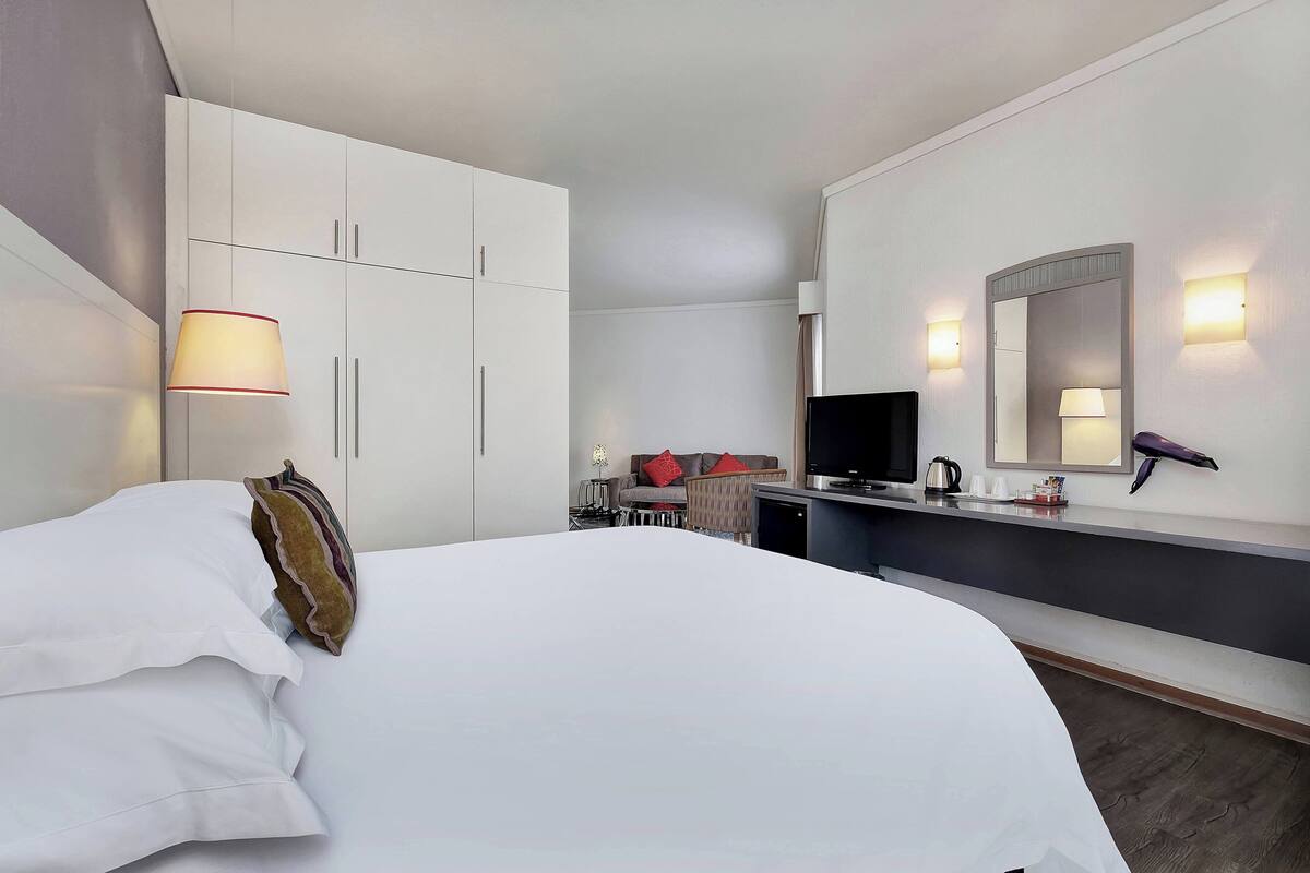A hotel room with a bed, a desk, a TV, and a mirror.