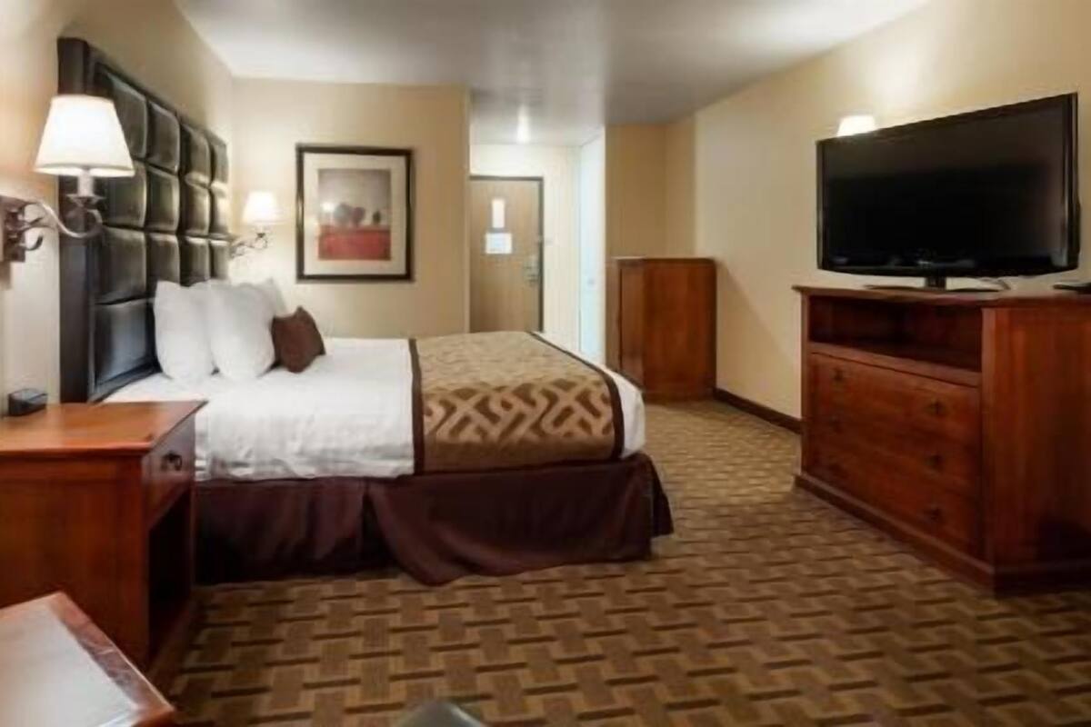 A hotel room with a bed, a TV, a dresser, a lamp, and a framed picture on the wall.