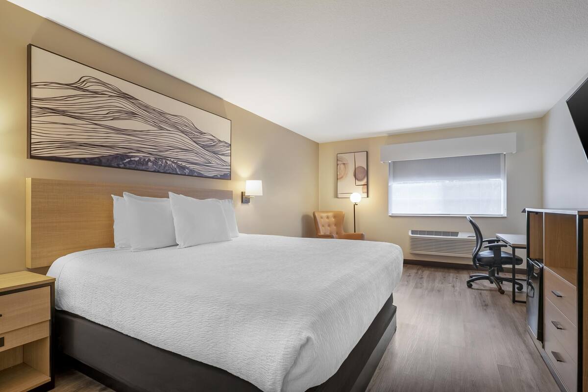 A hotel room with a large bed, a desk, a chair, a TV, and artwork on the wall.