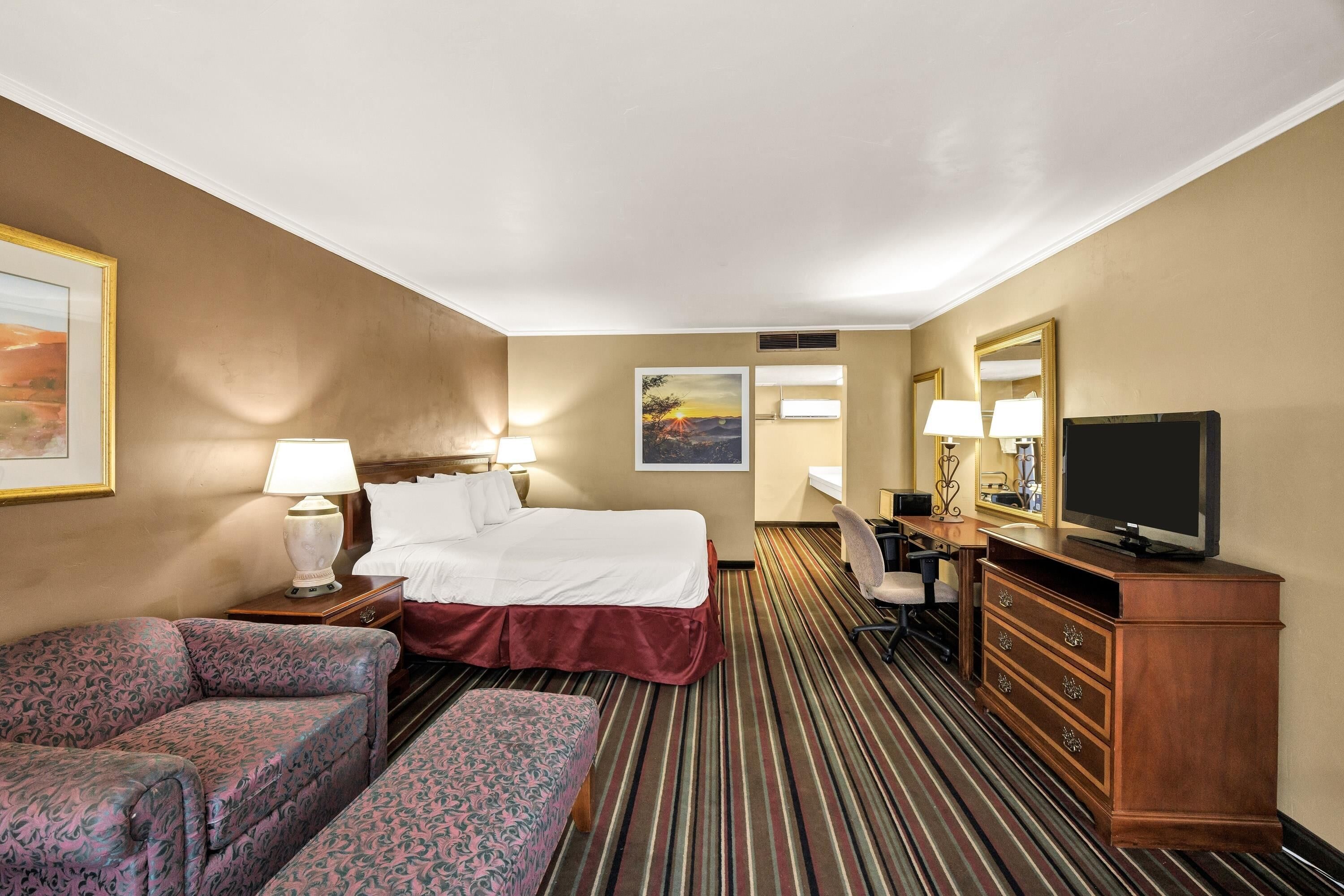 Habitación de hotel con cama, escritorio con televisor, una silla, un sofá y piso alfombrado.