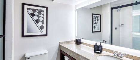 A modern bathroom with a granite countertop, a sink, a toilet, and framed artwork on the wall.