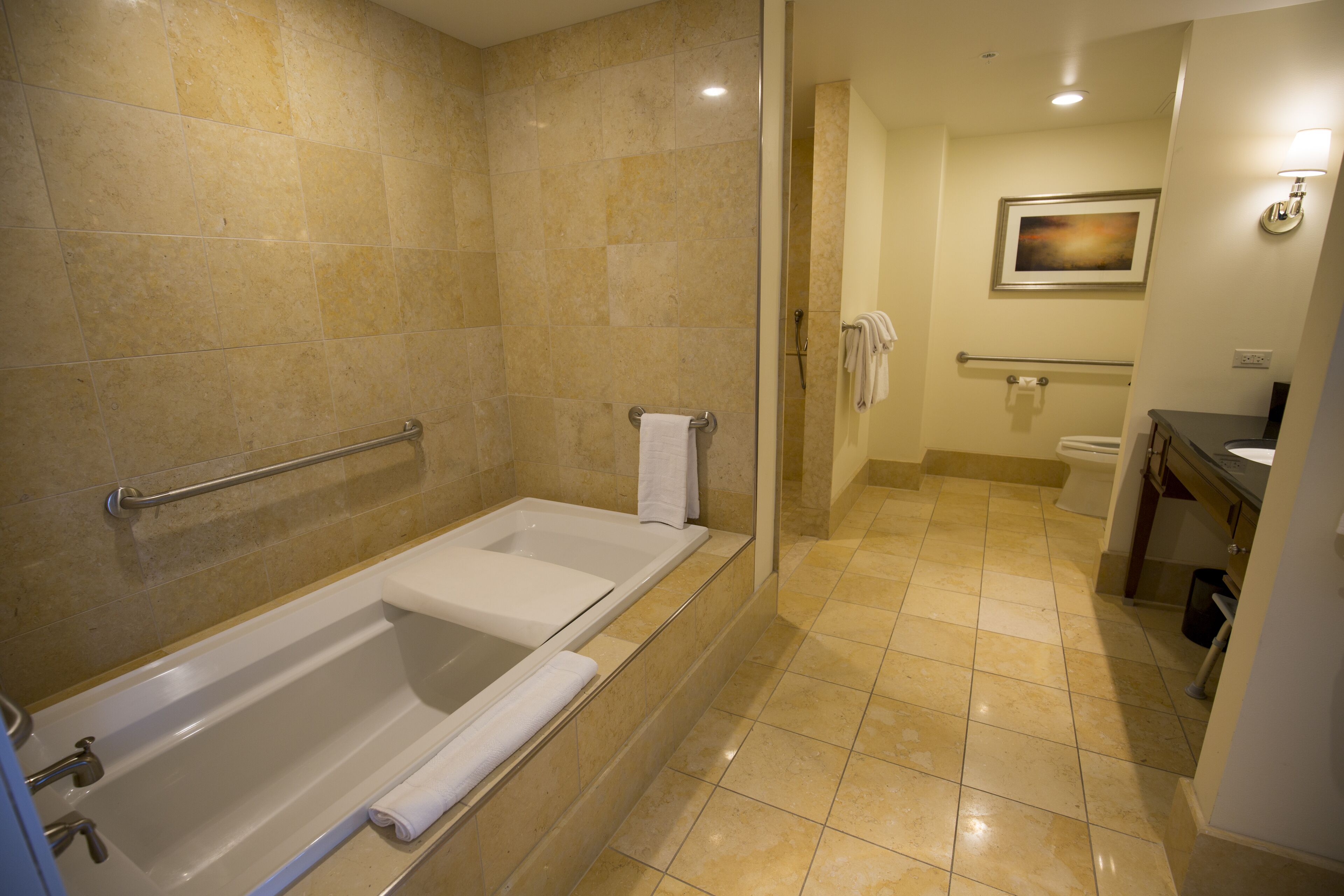 Une salle de bain avec une baignoire, une douche et des toilettes.