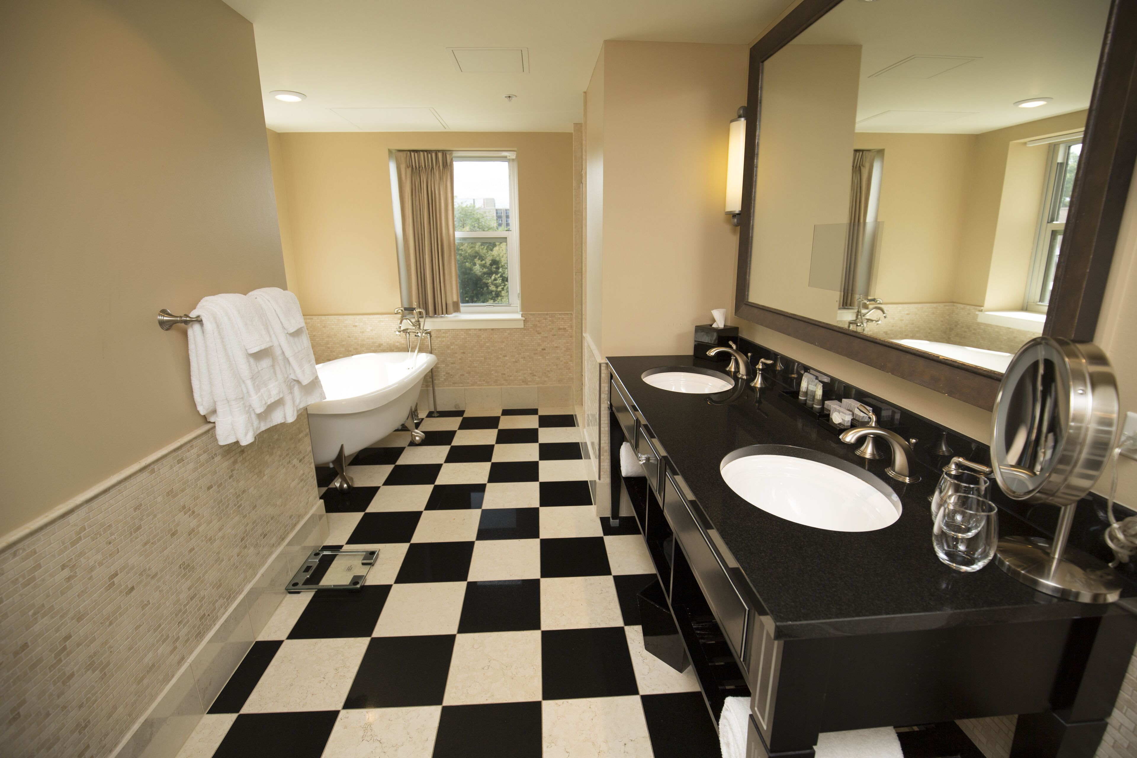 designer toiletries, hair dryer, bathrobes, towels