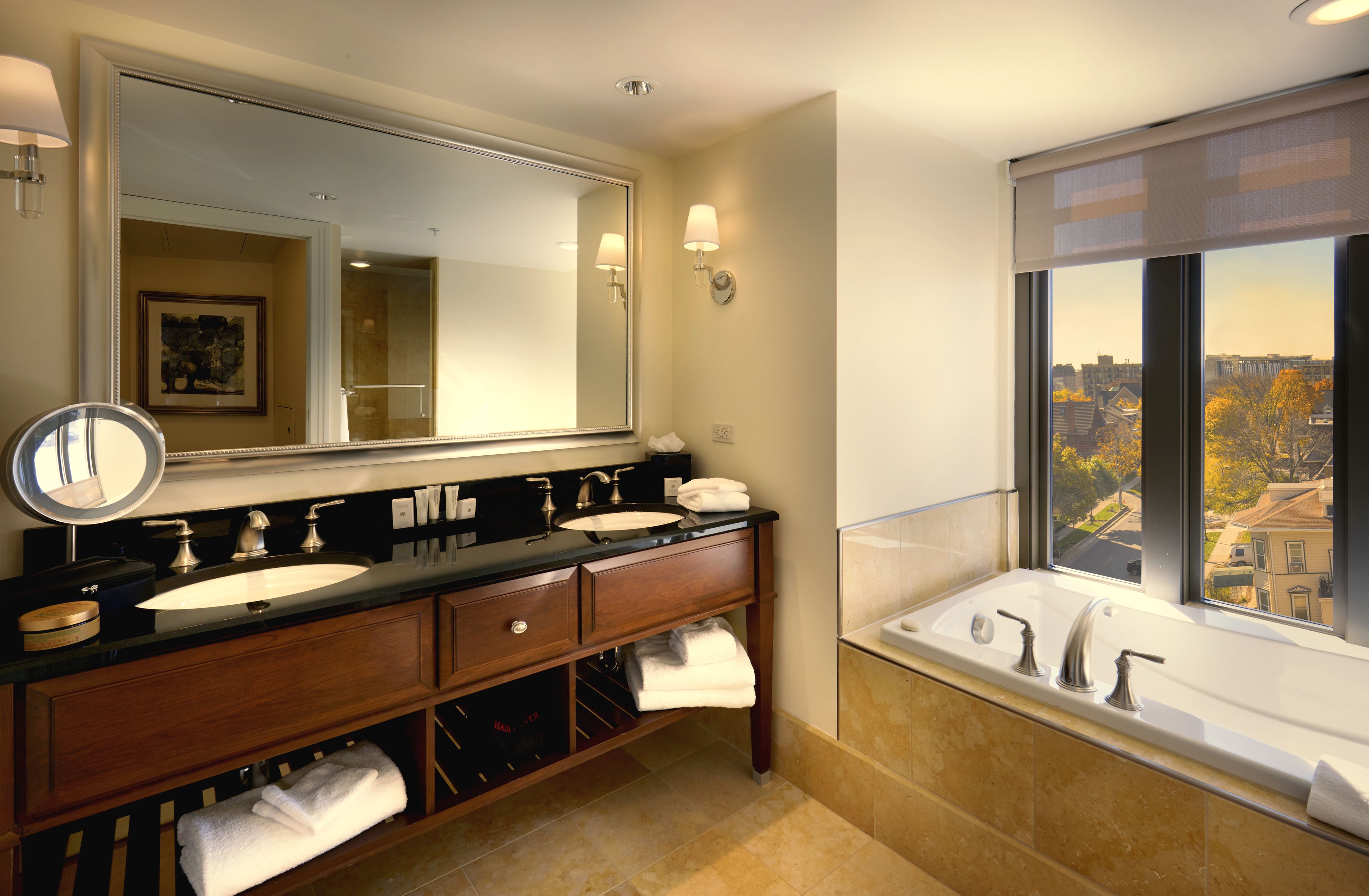 designer toiletries, hair dryer, bathrobes, towels