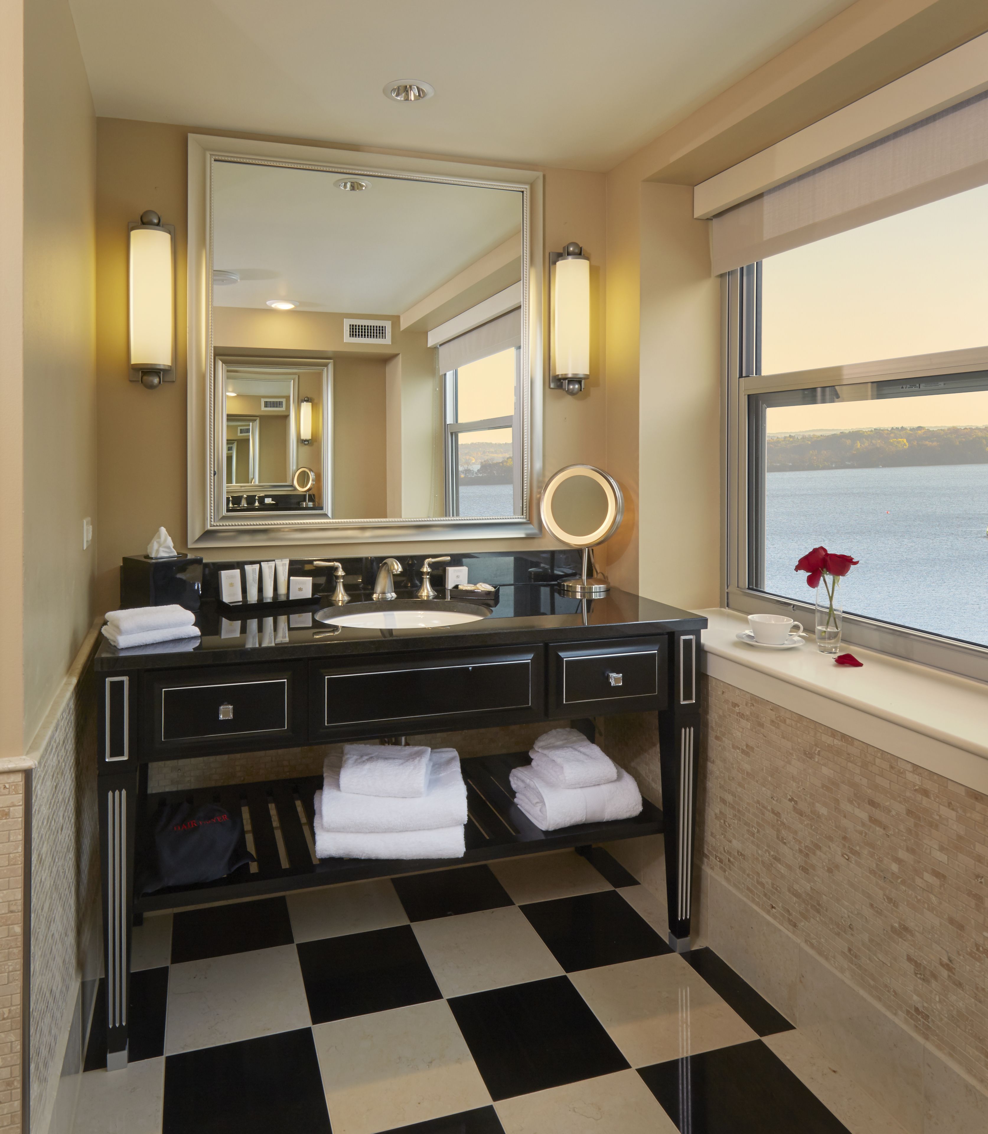 designer toiletries, hair dryer, bathrobes, towels