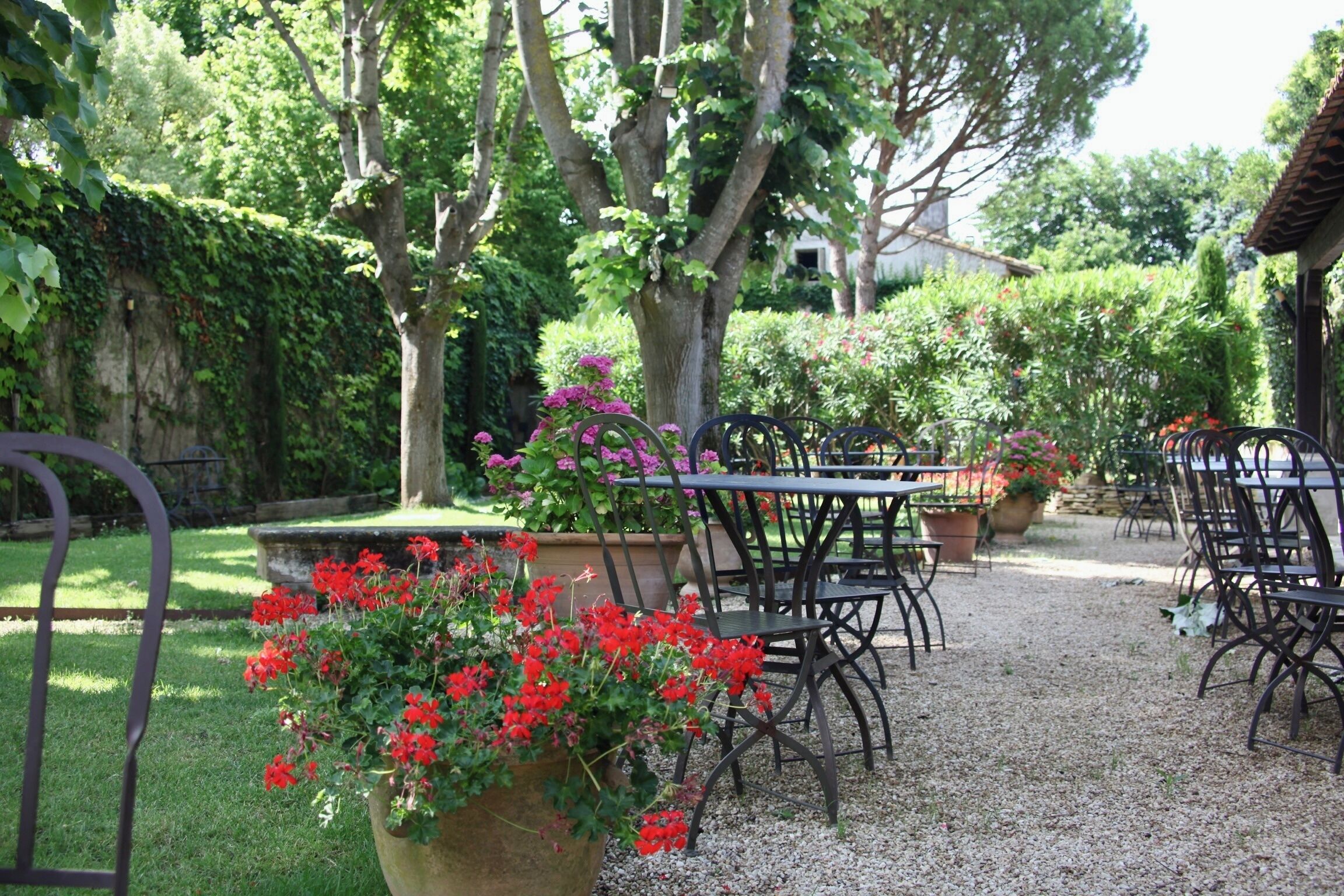 Un espacio al aire libre con mesas y sillas, rodeado de follaje y plantas con flores.