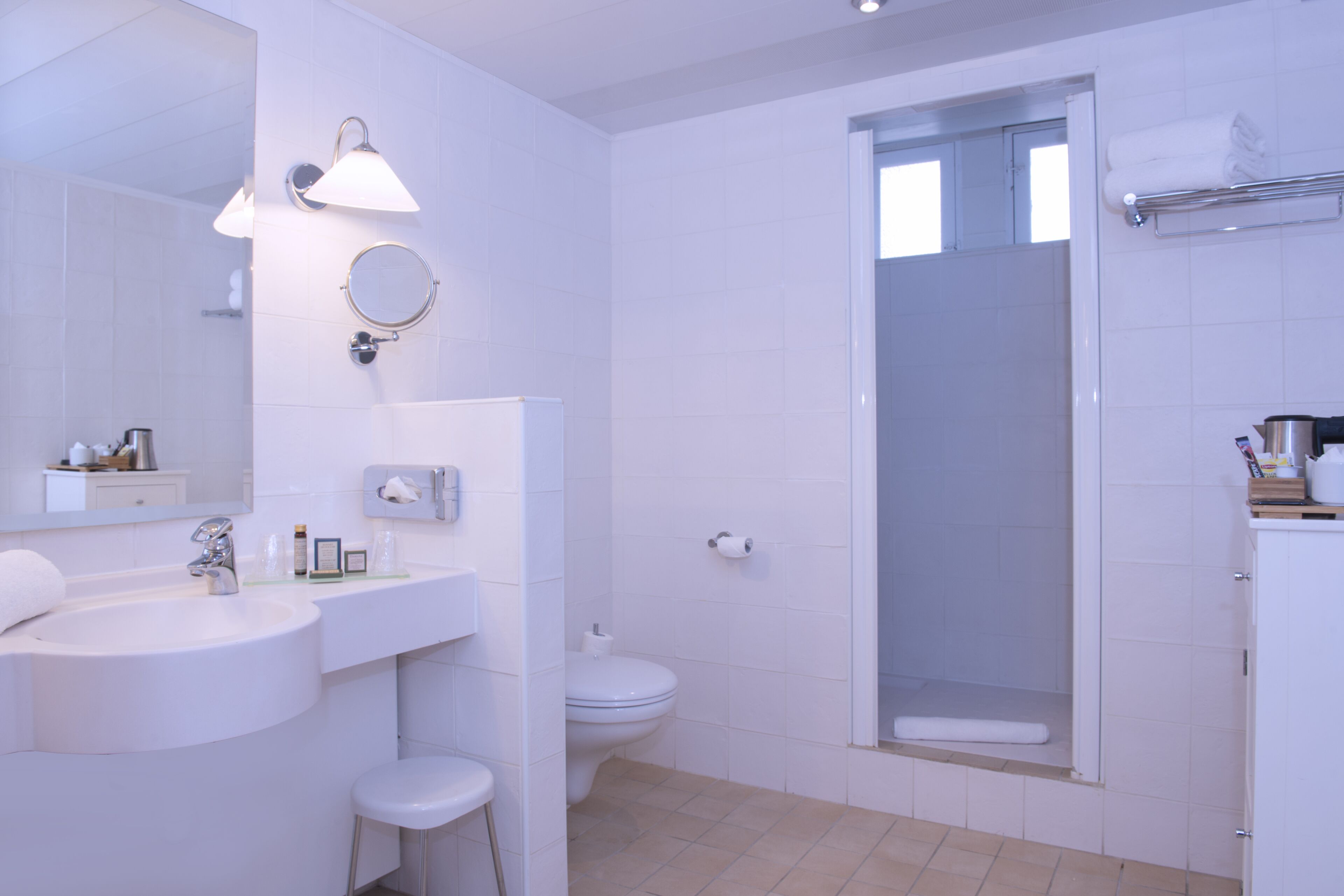 A modern bathroom with a sink, mirror, toilet, and shower.