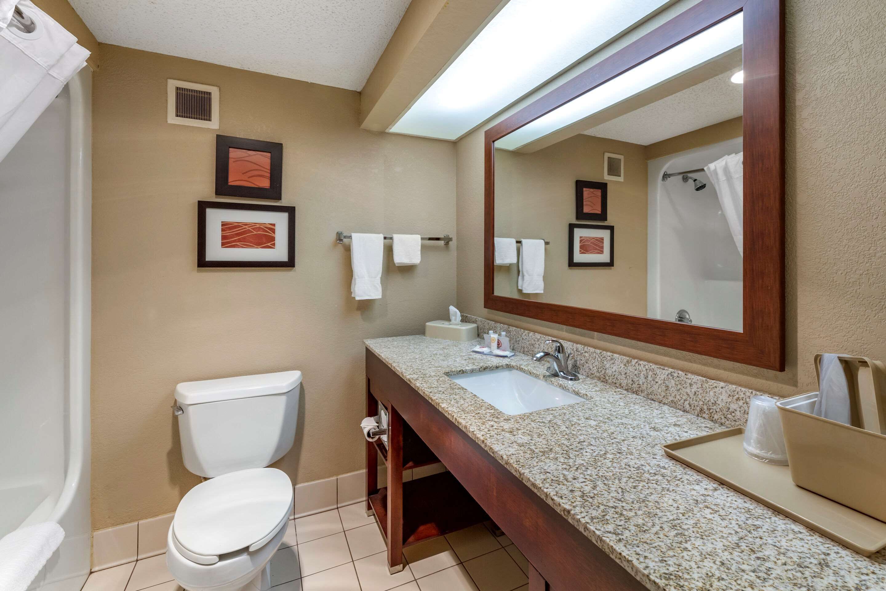 A bathroom with a toilet, sink, and mirror. There are towels hanging on the wall and a framed picture above the sink.