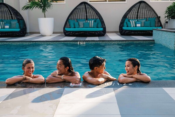 Outdoor pool, free pool cabanas, pool umbrellas