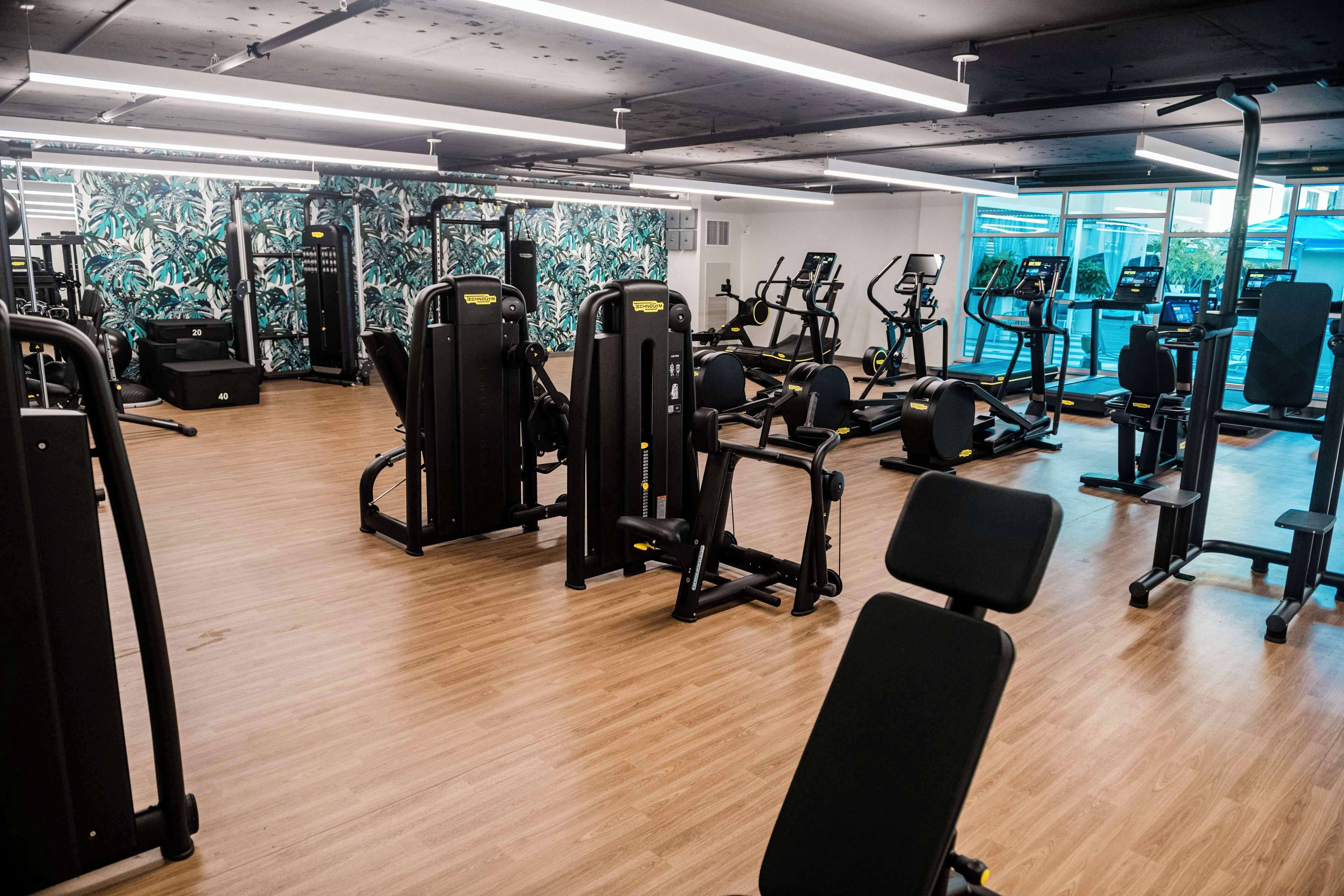 A gym with various exercise machines, a wooden floor, and large windows.