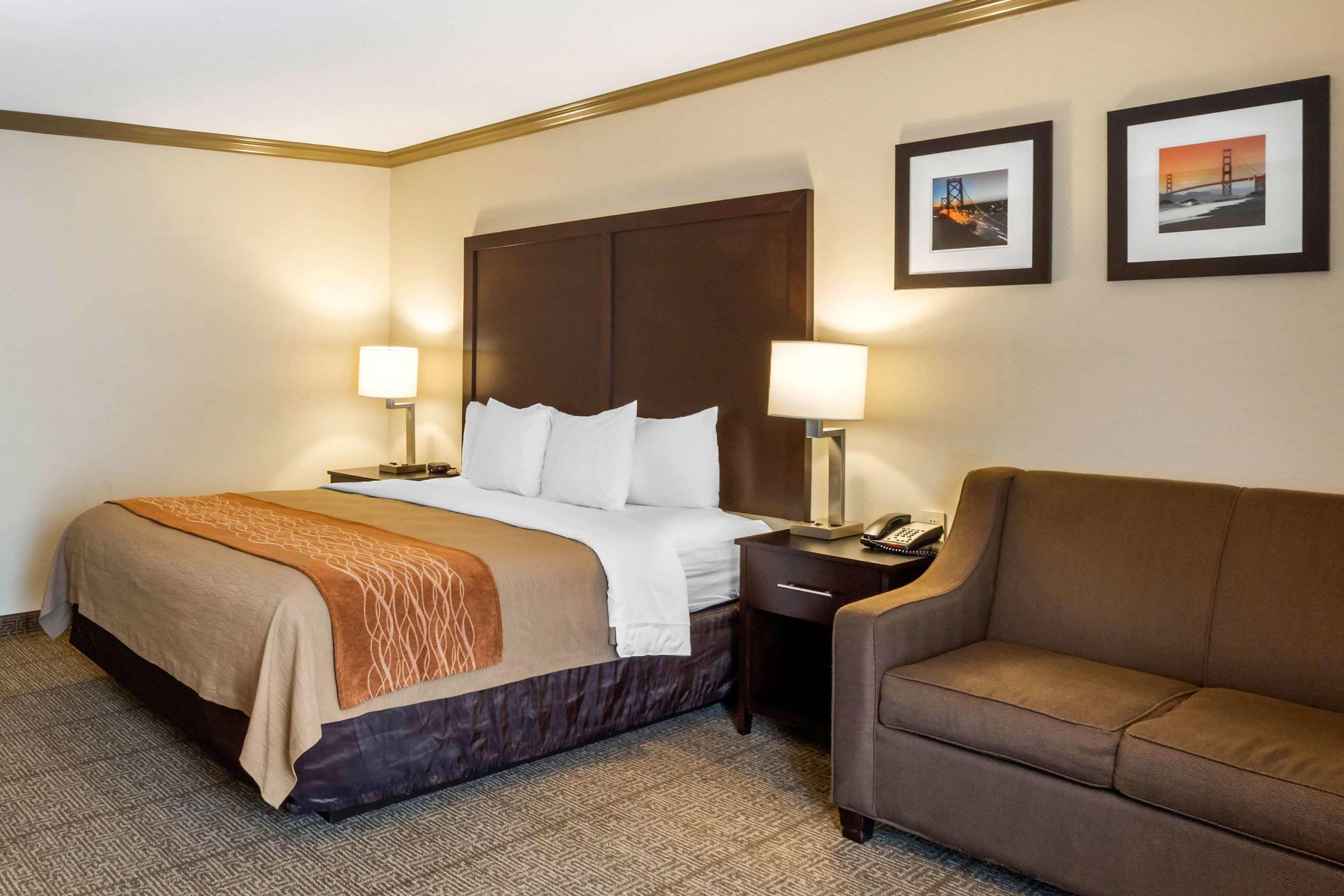 Habitación de hotel con una cama grande, dos mesitas de noche con lámparas, un sofá marrón y dos cuadros enmarcados en la pared.