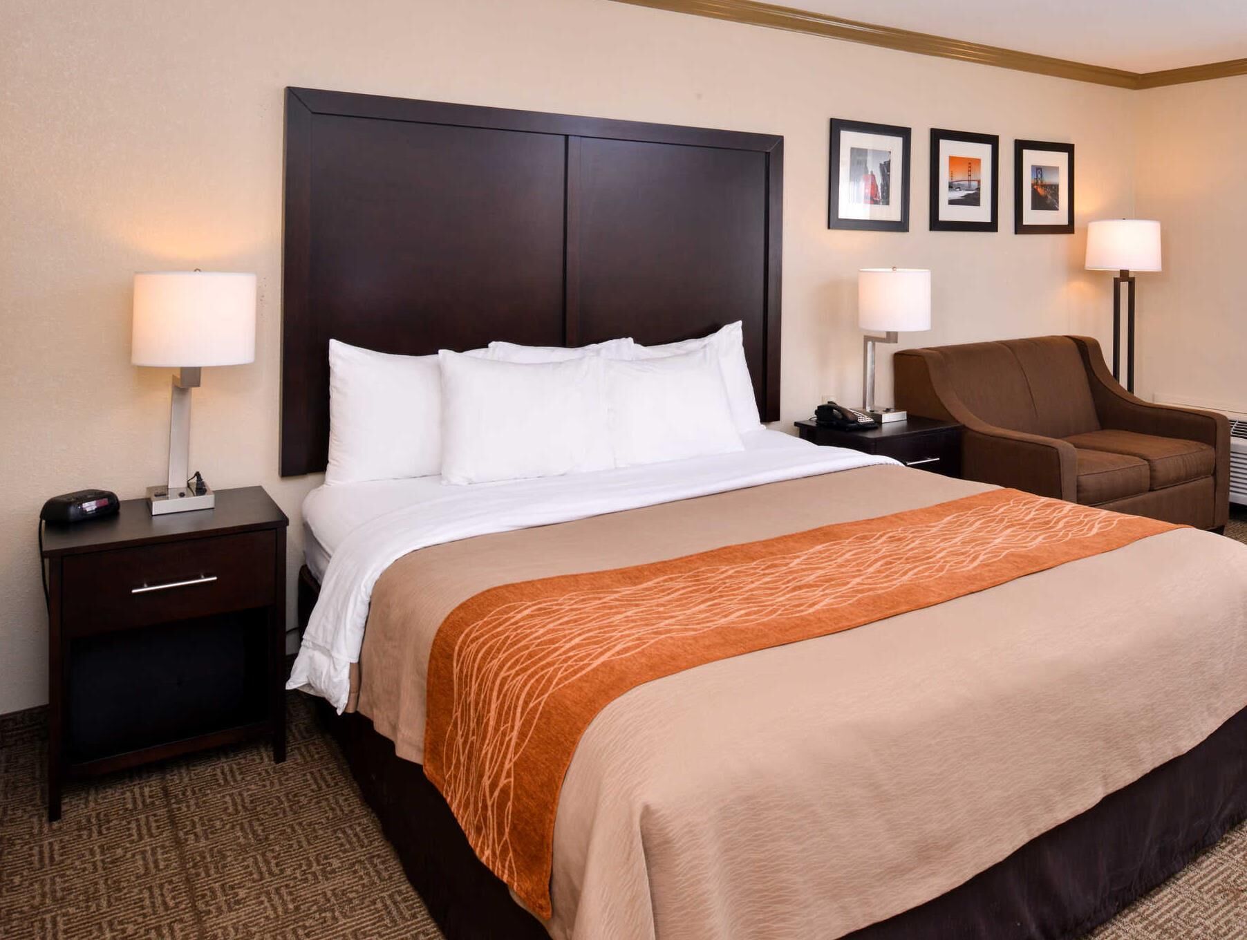 Premium bedding, pillowtop beds, desk, laptop workspace