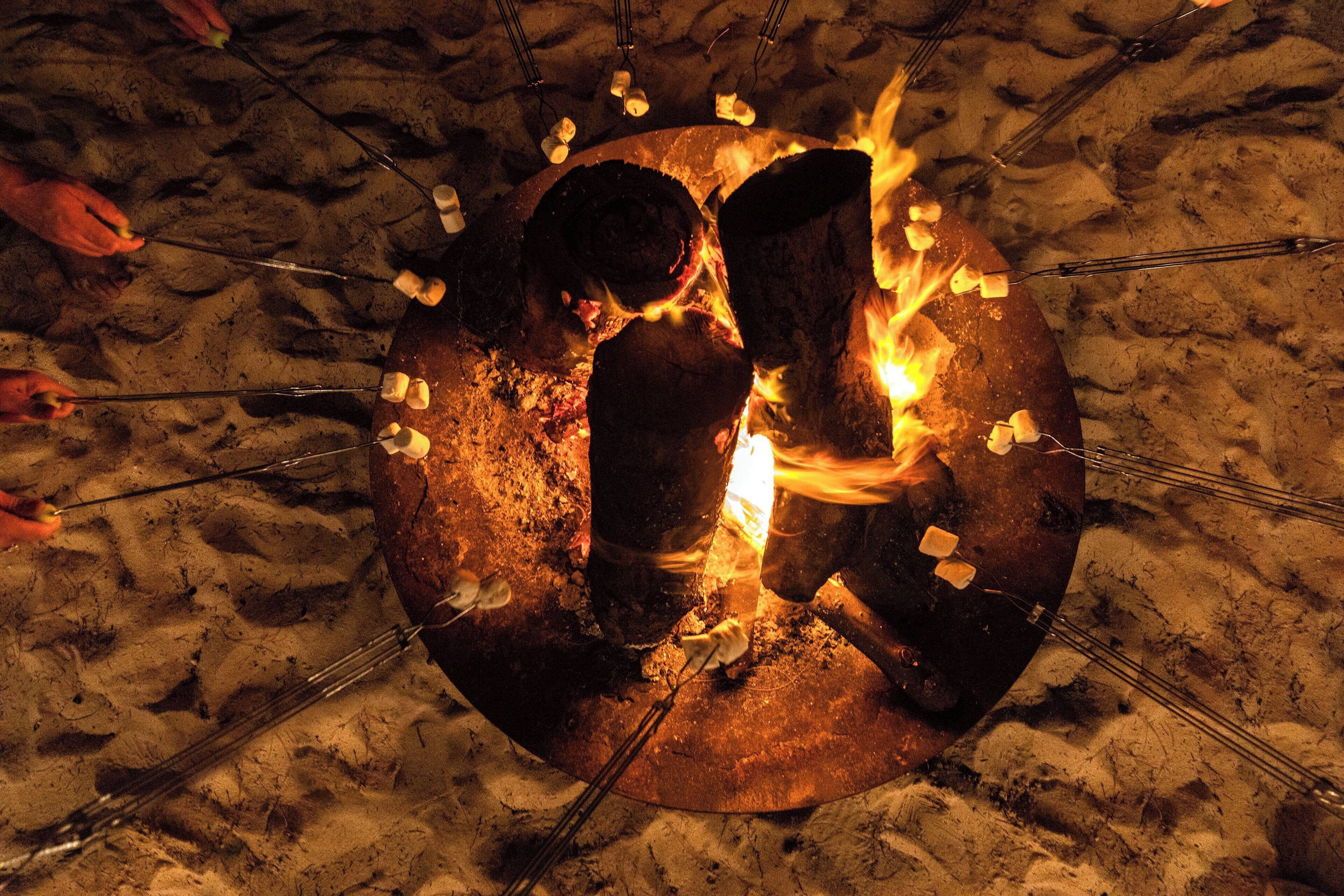 A campfire with marshmallows and skewers.
