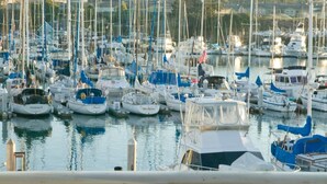 A marina with numerous boats docked, a clear sky, and a view of the surrounding landscape. - Oceanside Marina Suites (Oceanside)