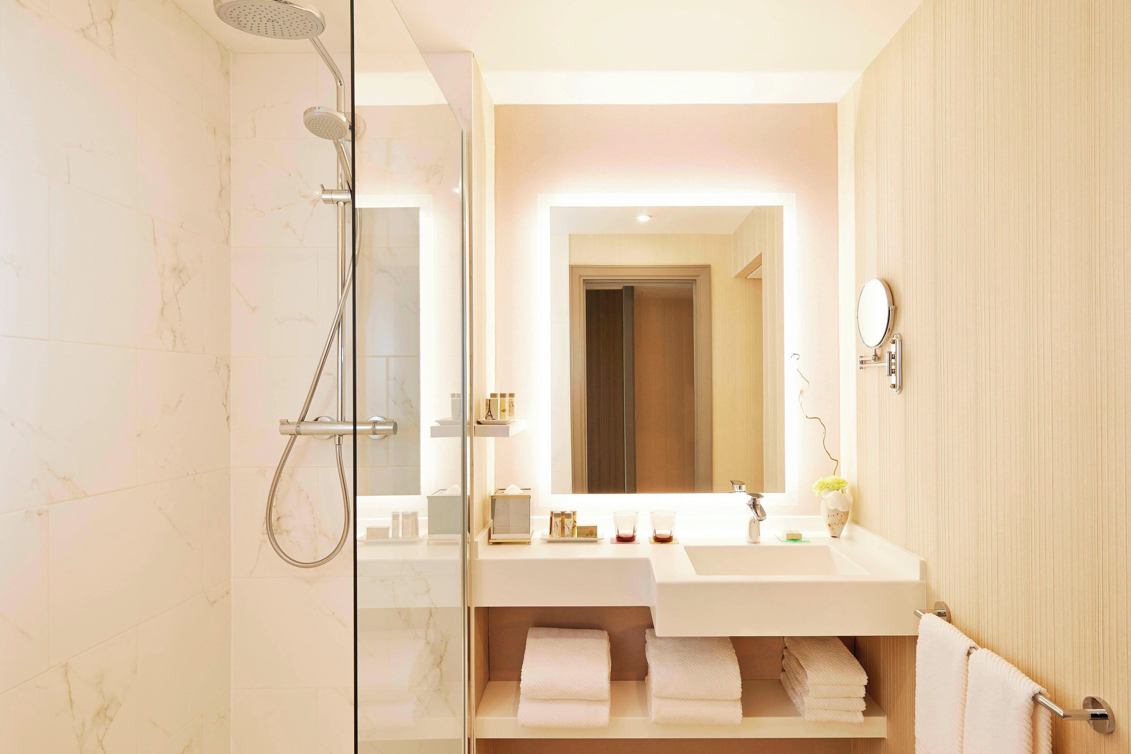 combined shower/bathtub, free toiletries, hair dryer, towels