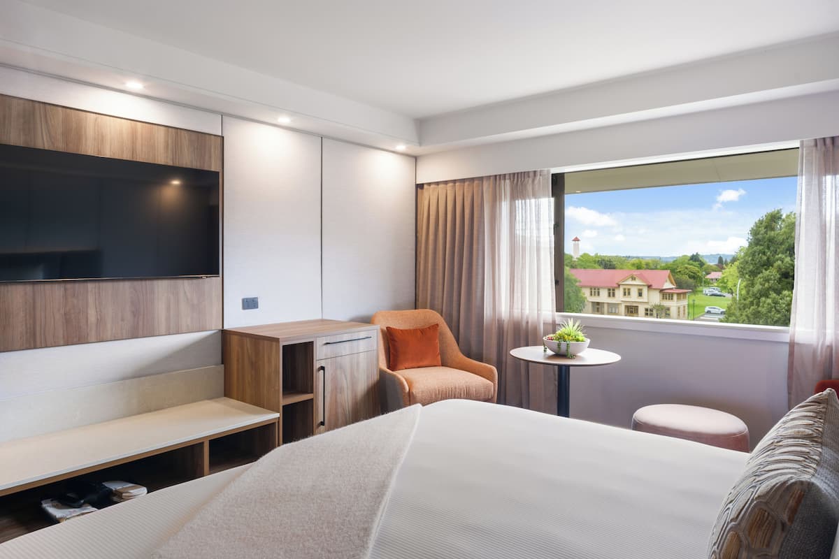 A modern hotel room with a bed, a desk, a chair, a small table with a plant, and a TV mounted on the wall.