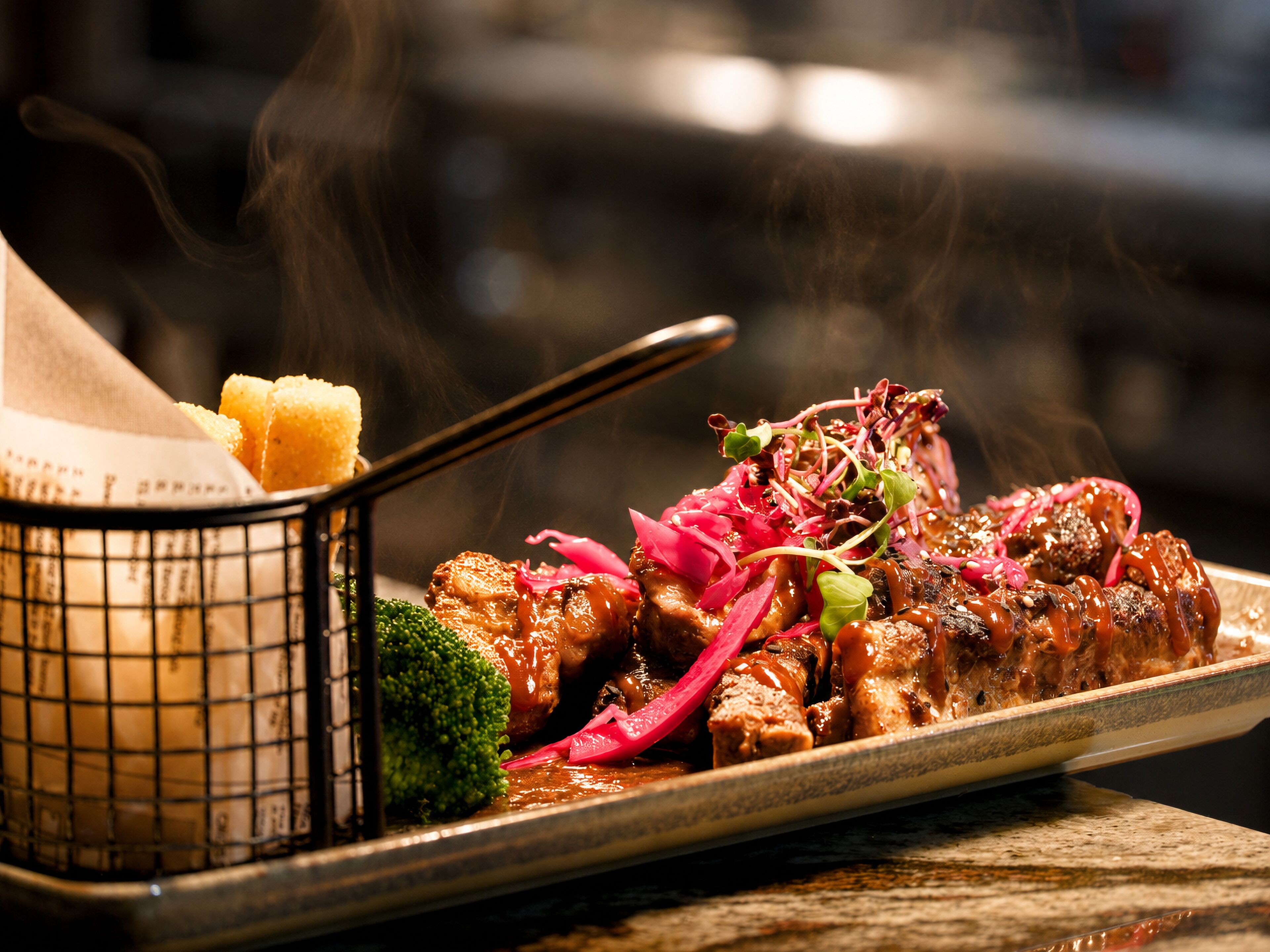 A plate of food with a variety of vegetables and a piece of meat, accompanied by a small basket of bread.