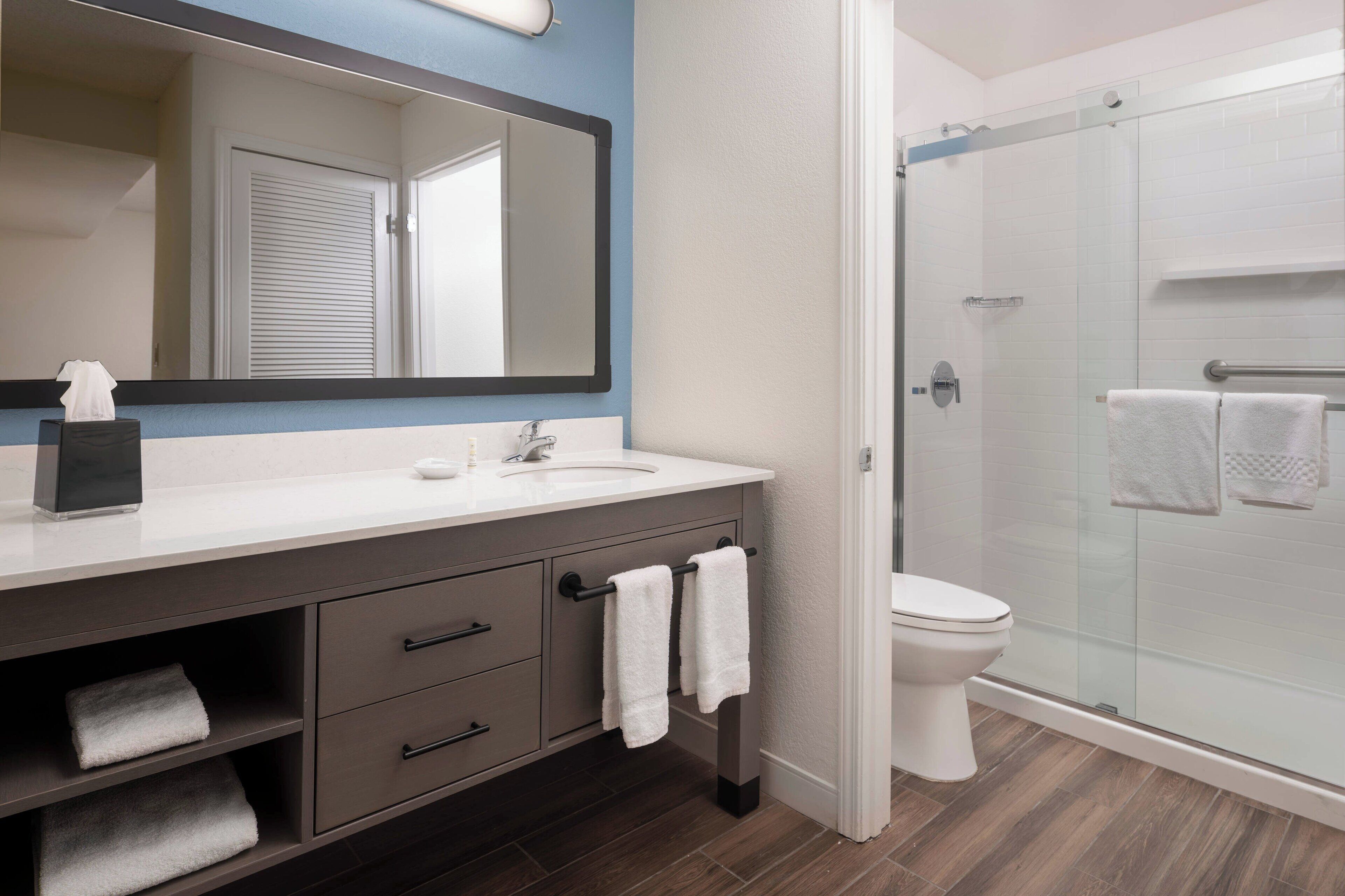 combined shower/bathtub, free toiletries, hair dryer, towels