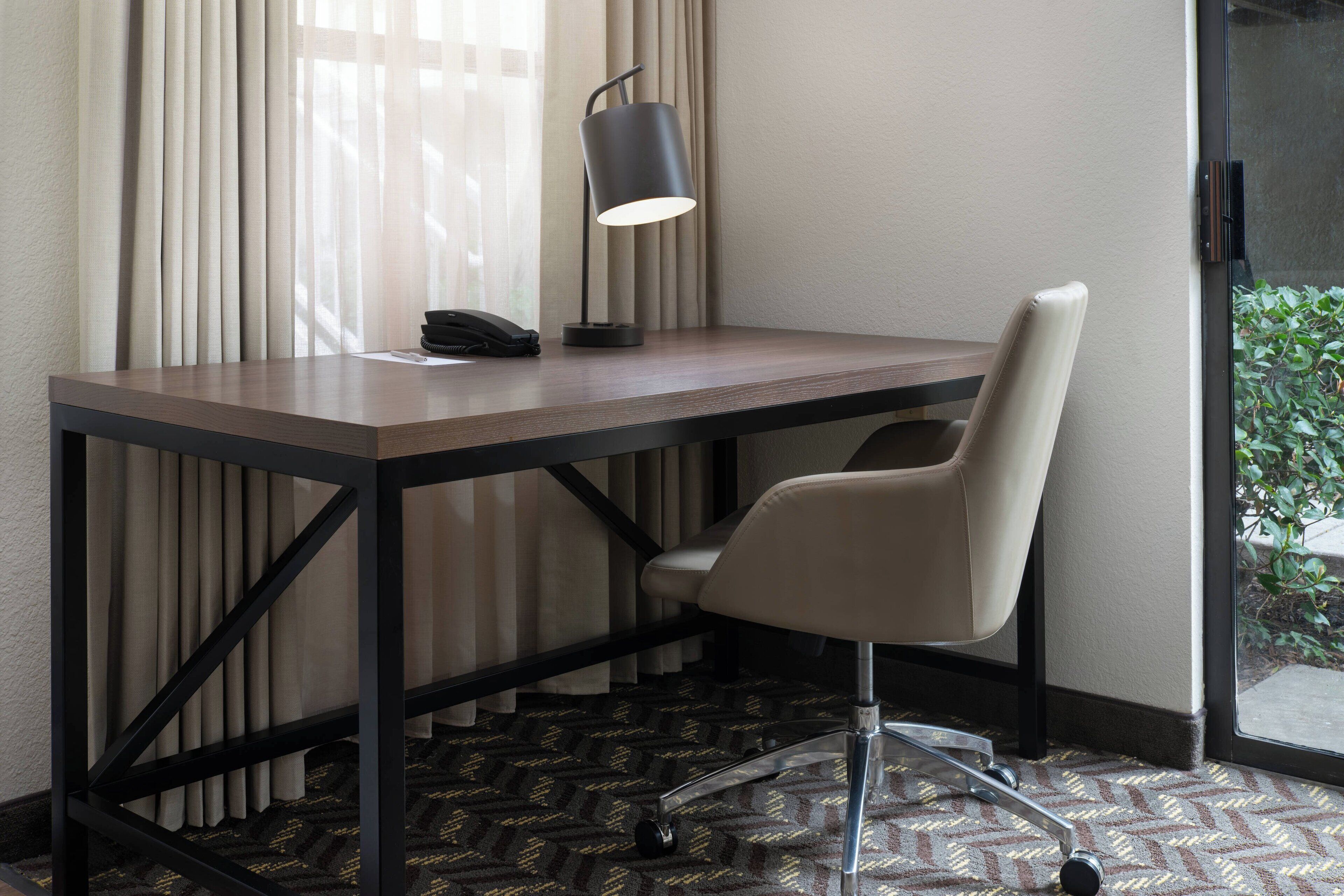 desk, laptop workspace, blackout curtains, soundproofing