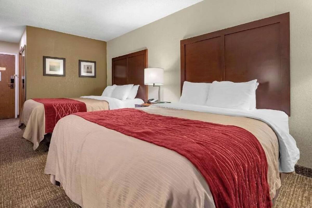 A hotel room with two beds, a red and beige bedspread, a wooden headboard, a bedside lamp, and a carpeted floor.