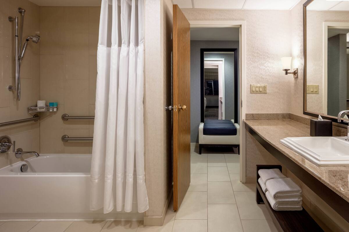 Eco-friendly toiletries, hair dryer, towels