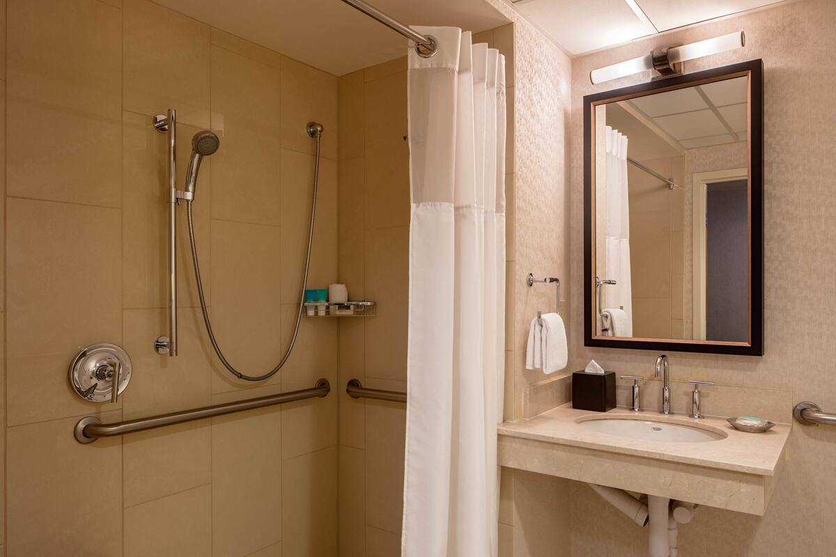 Room, 2 Double Beds, Accessible (SHOWER) | Bathroom | Eco-friendly toiletries, hair dryer, towels