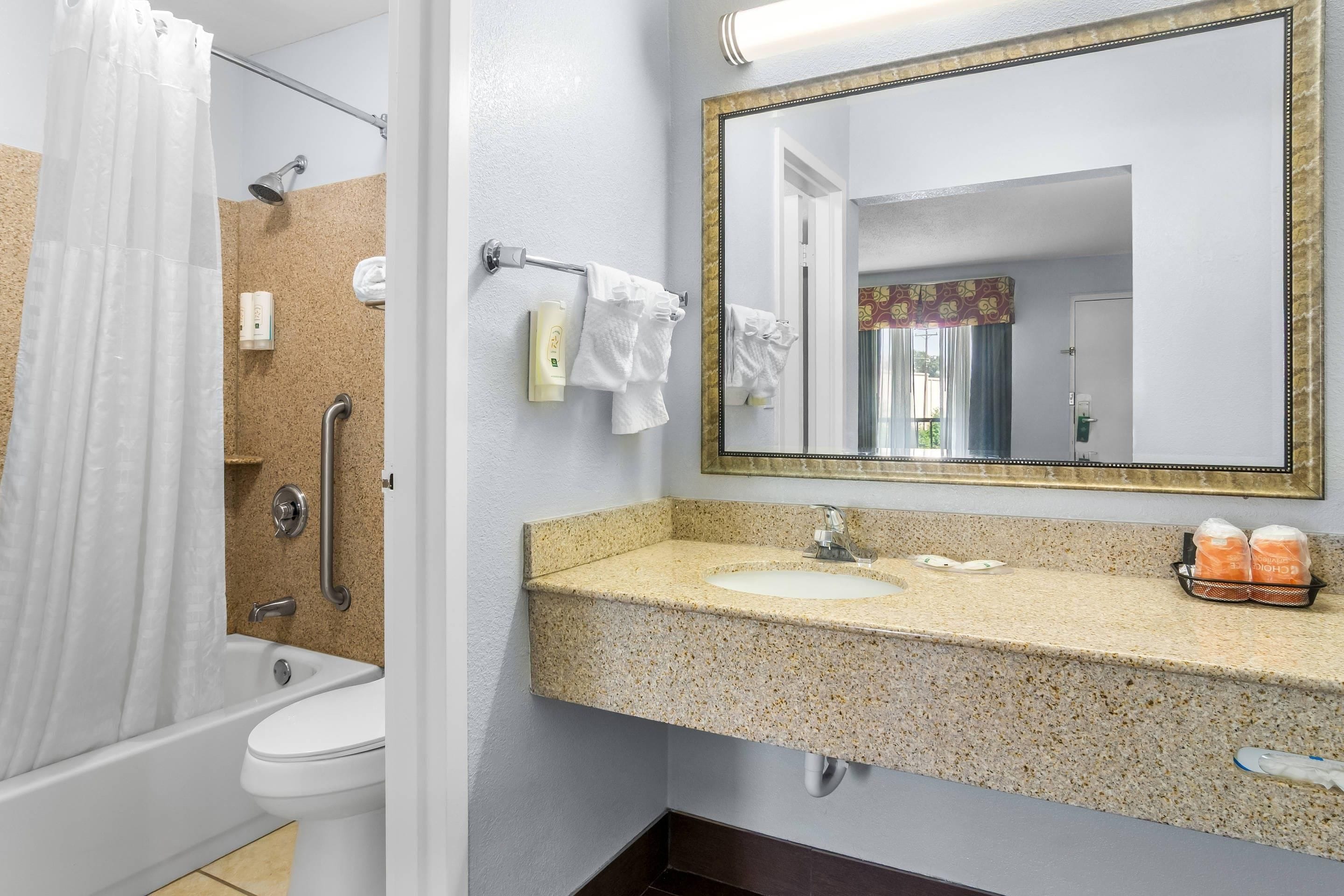 A bathroom with a shower, toilet, sink, and a mirror.