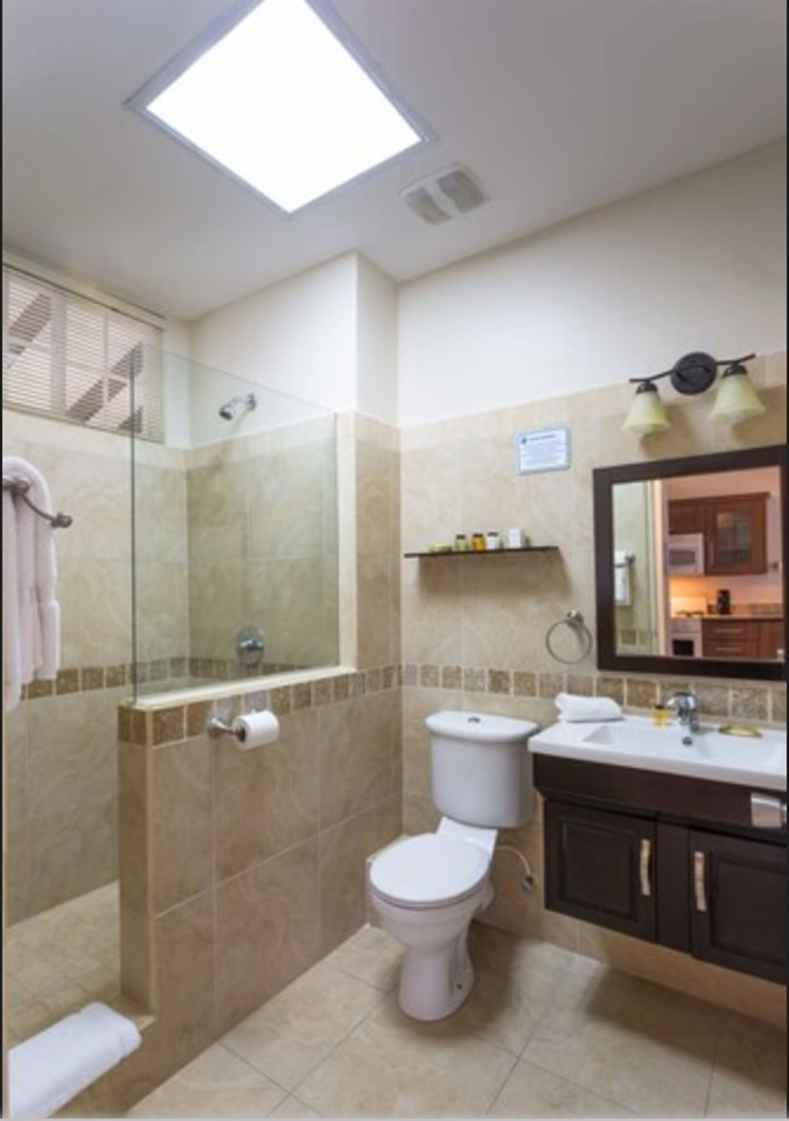 A bathroom with a glass-enclosed shower, a toilet, a sink, and a mirror.
