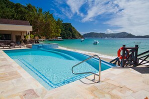 Outdoor pool, pool umbrellas, pool loungers