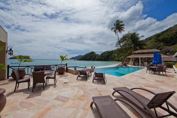 Outdoor pool, pool umbrellas, pool loungers