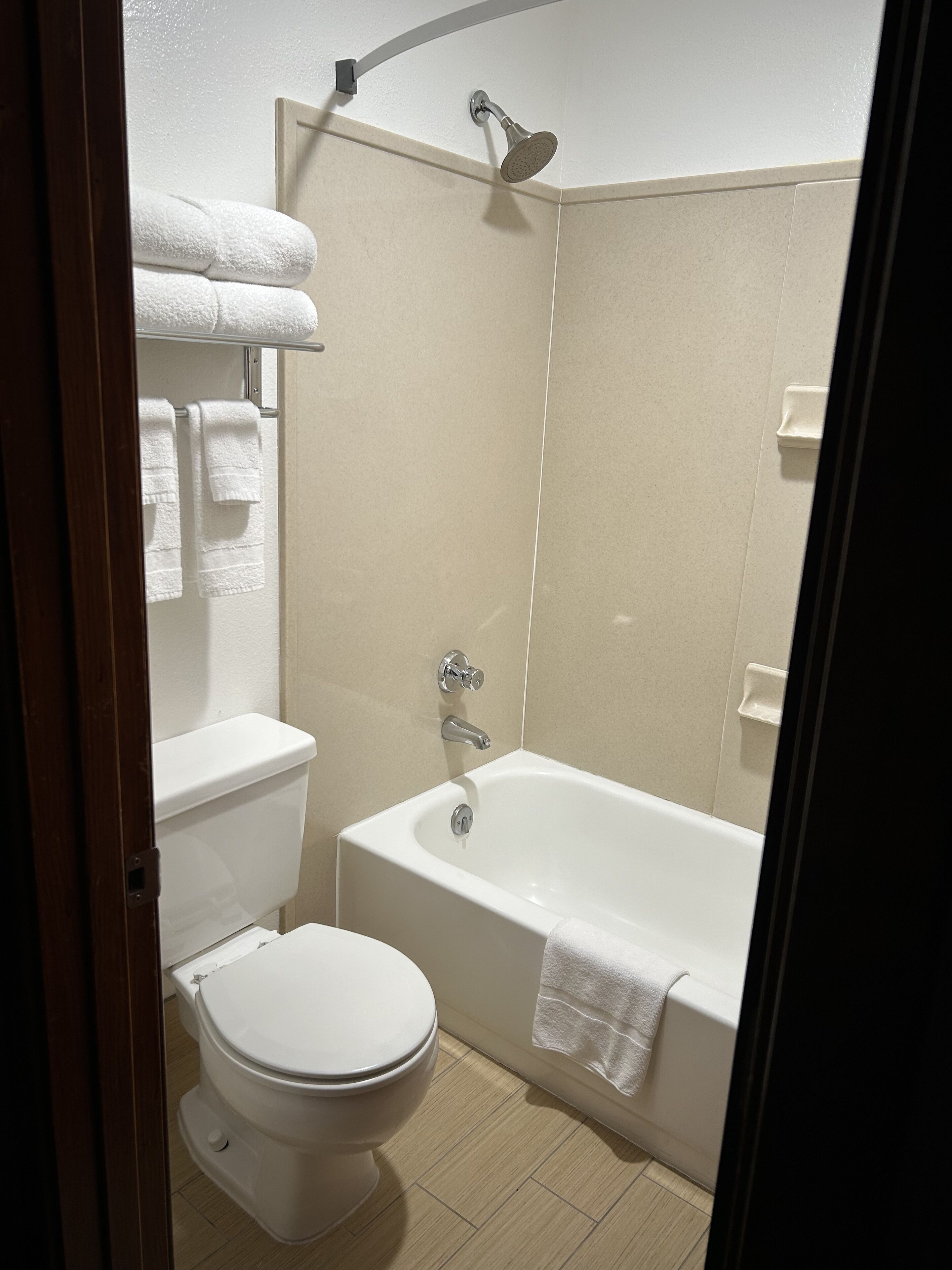 combined shower/bathtub, free toiletries, hair dryer, towels