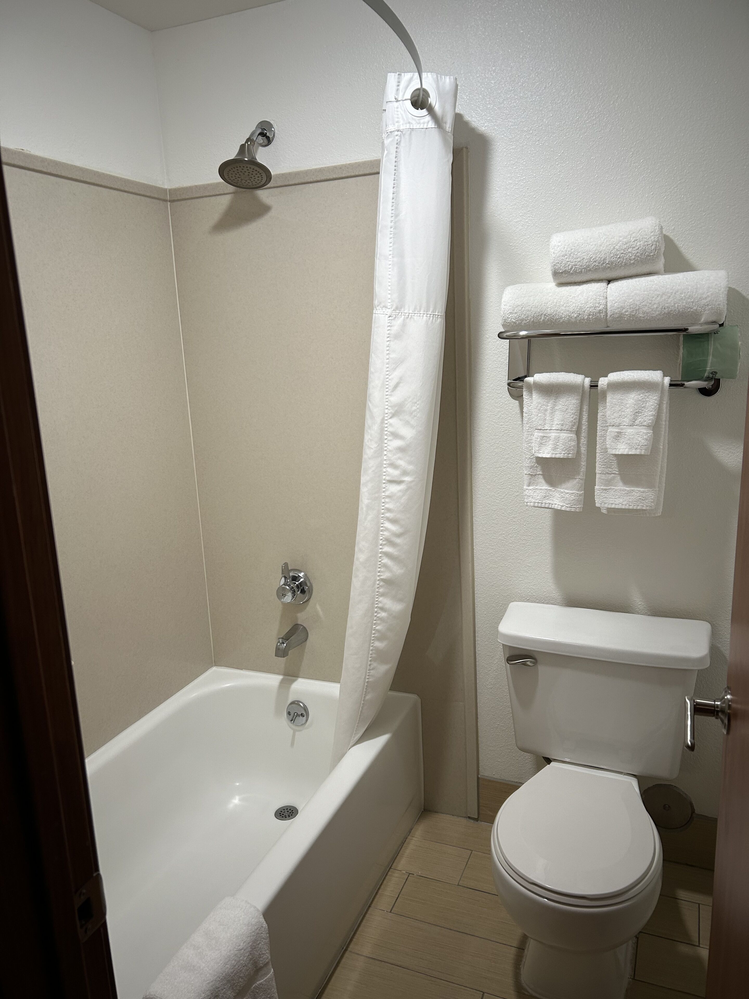 combined shower/bathtub, free toiletries, hair dryer, towels